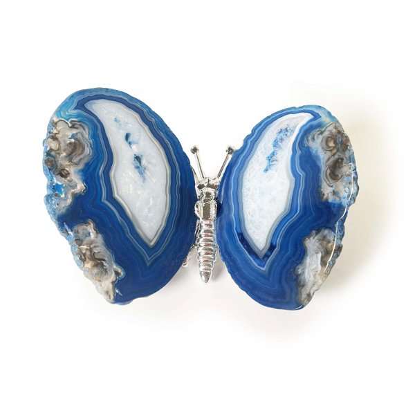 Closeup photo of Dyed Blue Agate Slice Butterfly With Silver Body
