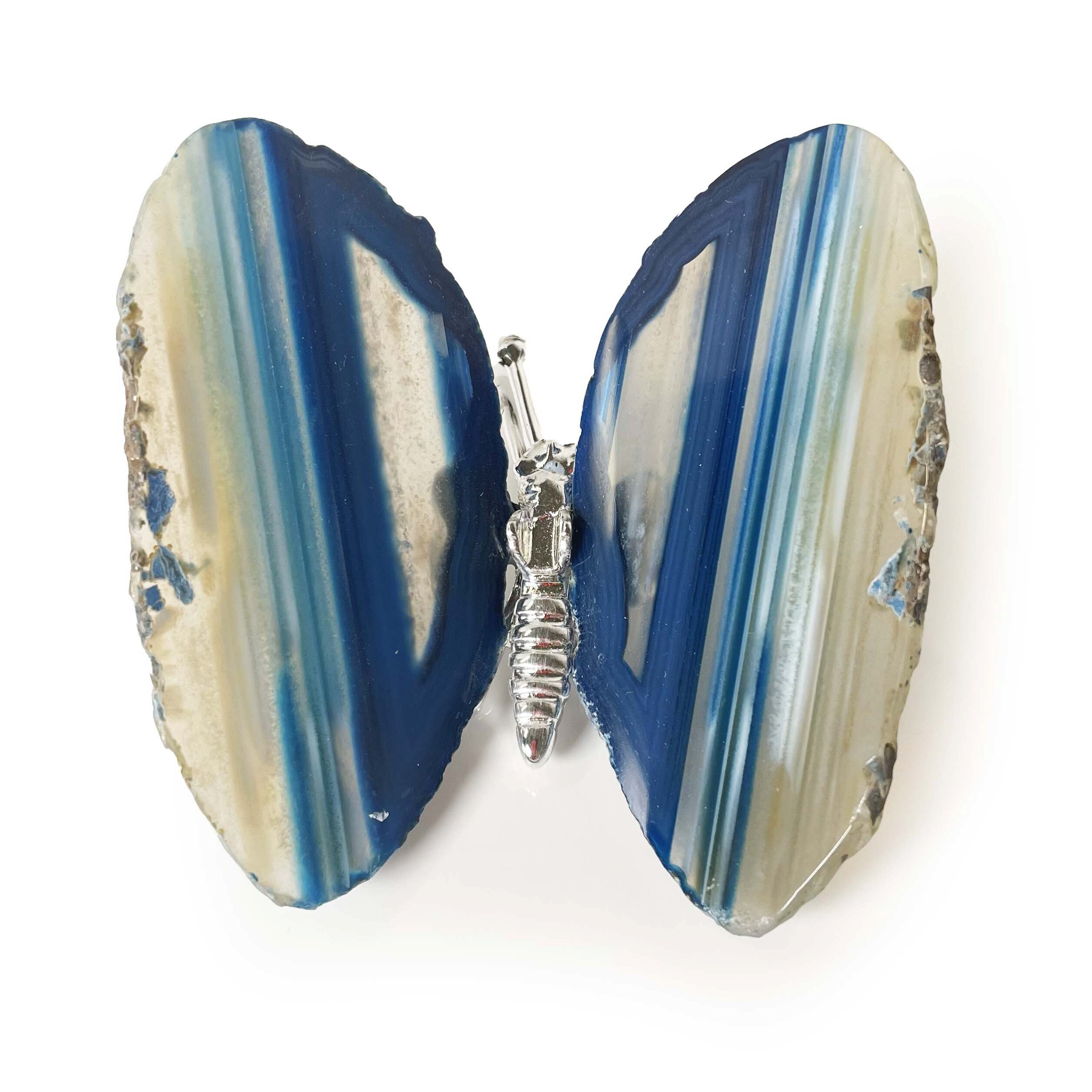 Dyed Blue Agate Slice Butterfly With Silver Body