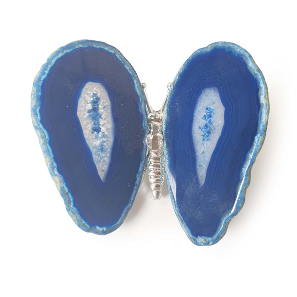 Closeup photo of Dyed Blue Agate Slice Butterfly With Silver Body