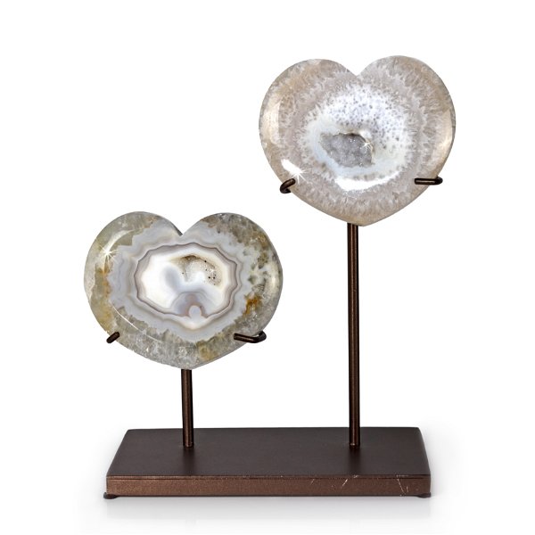 Closeup photo of Druze Quartz Agate Heart Duo On Fitted Stand