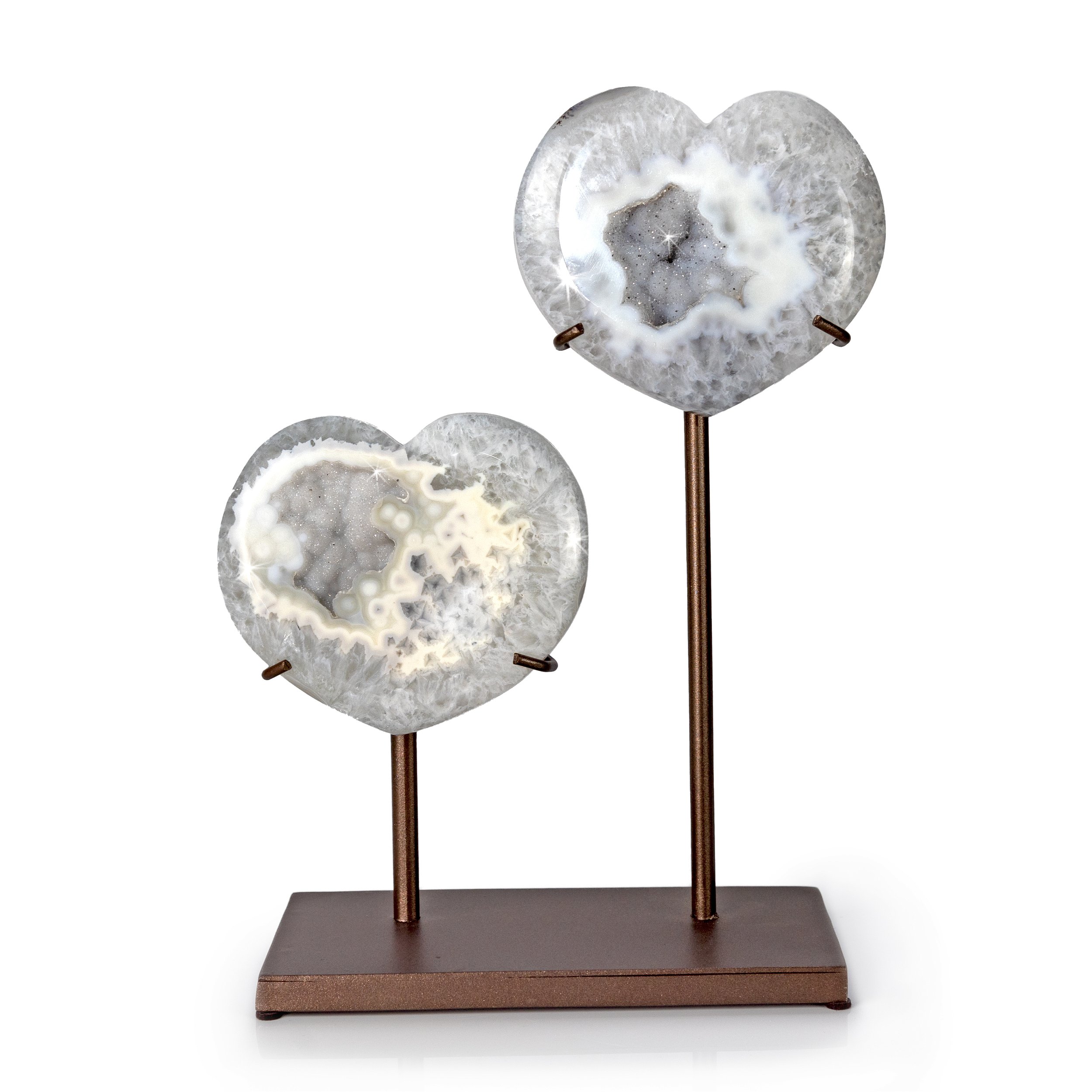 Druze Quartz Agate Heart Duo Pair On Fitted Stand