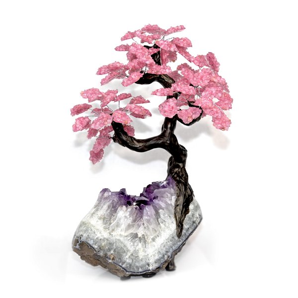 Closeup photo of Rose Quartz Tree On Amethyst Crystal Cluster Base With Clay Polymer Trunk