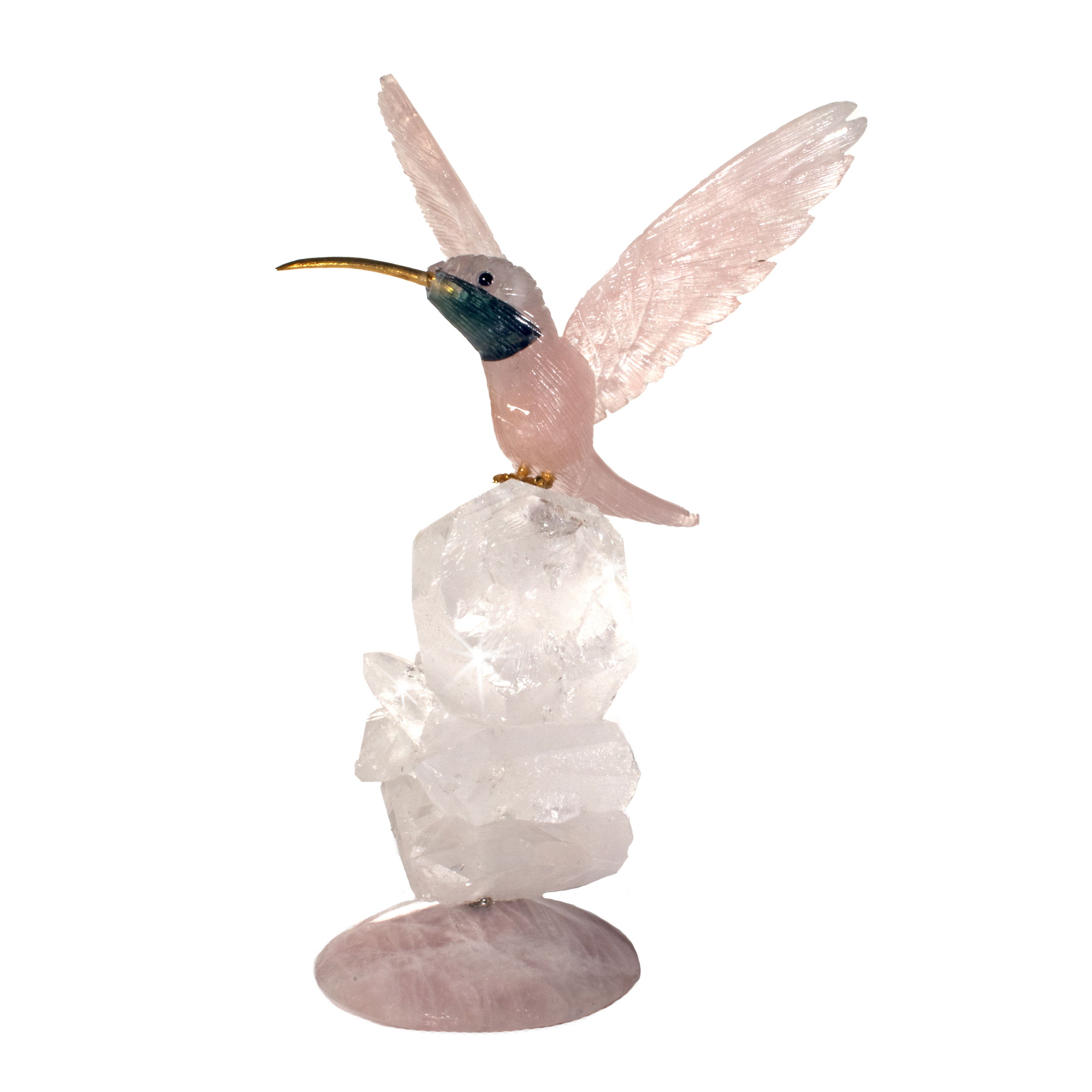 Rose Quartz Hummingbird Perched On Quartz Cluster With Rose Quartz Round Base