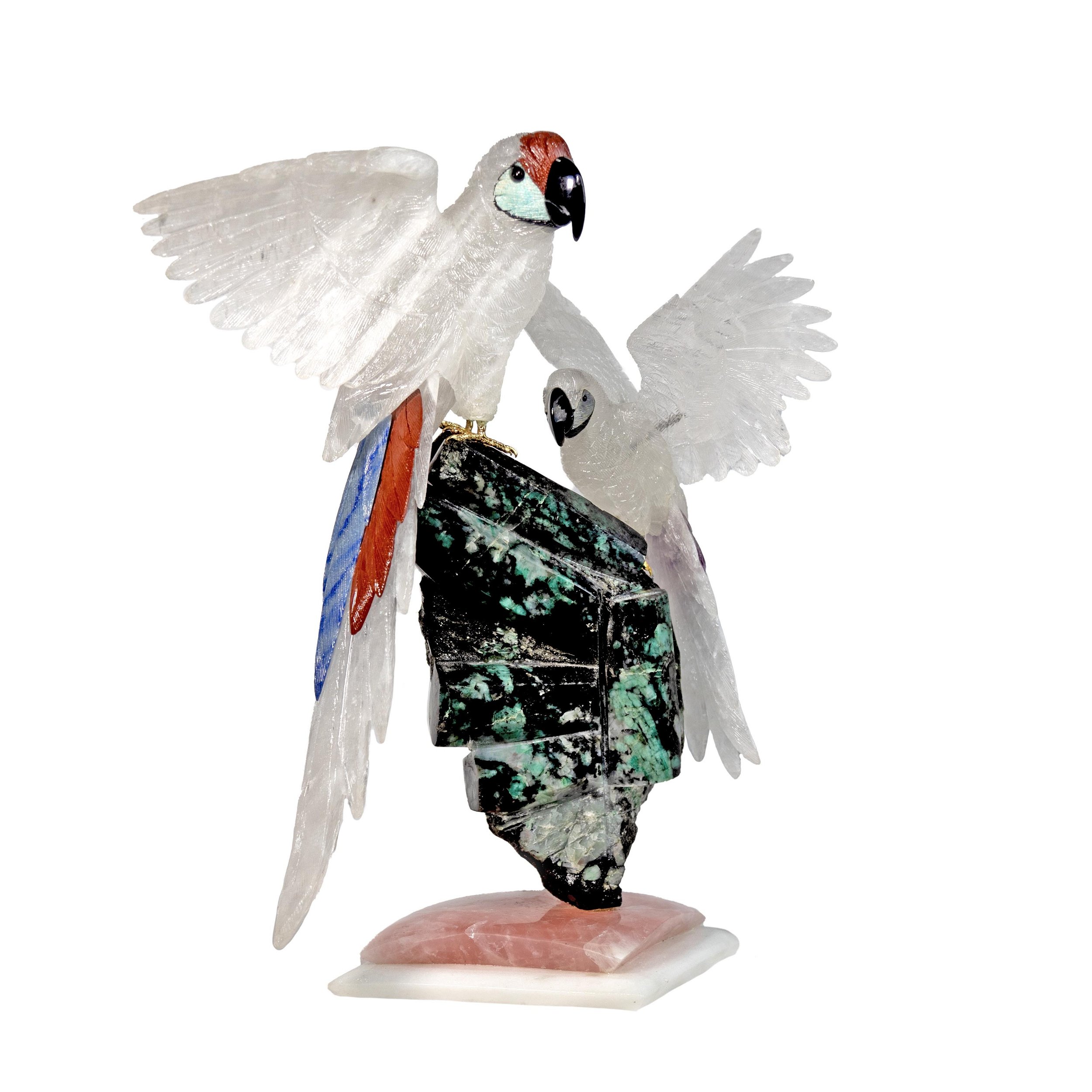 Crystal Quartz Macaw Pair With Spread Wings Another With Blue Calcite Tail Feathers Perched On Emerald Base With Rose Quartz