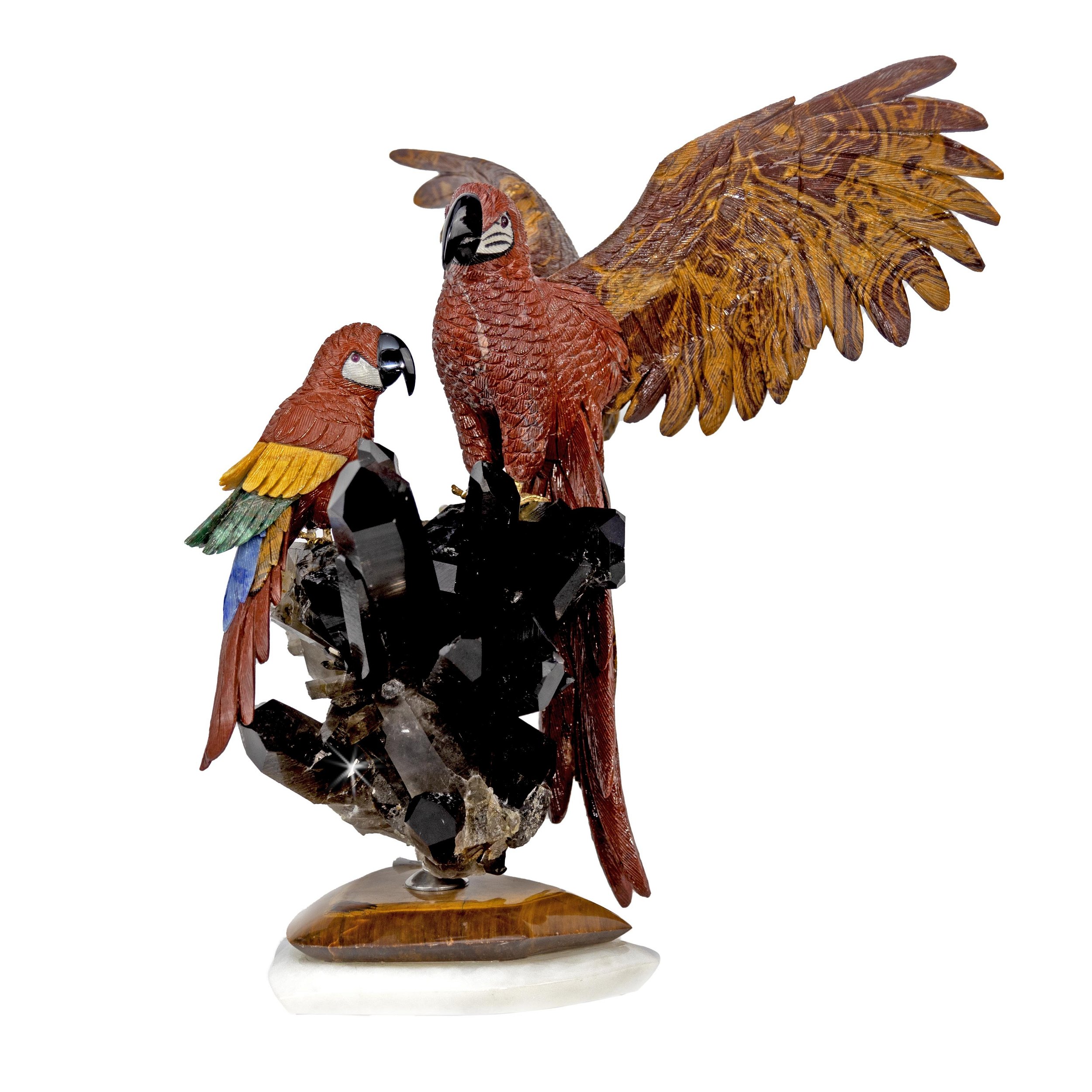Red Jasper Macaw Pair with Smoky Quartz Cluster Base with Tigers Eye and Quartz Base
