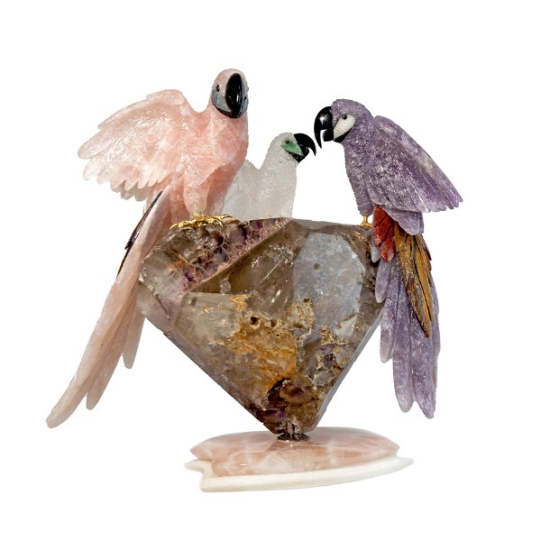 Closeup photo of Rose Quartz & Amethyst & Crystal Quartz Macaw Trio Perched On Polished Super Seven Crystal Base