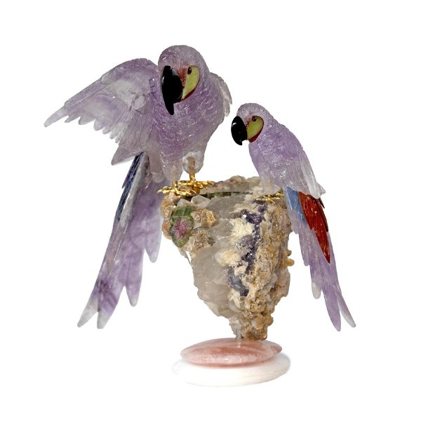 Closeup photo of Amethyst Macaw Pair Perched On Watermelon Tourmaline Crystal Base