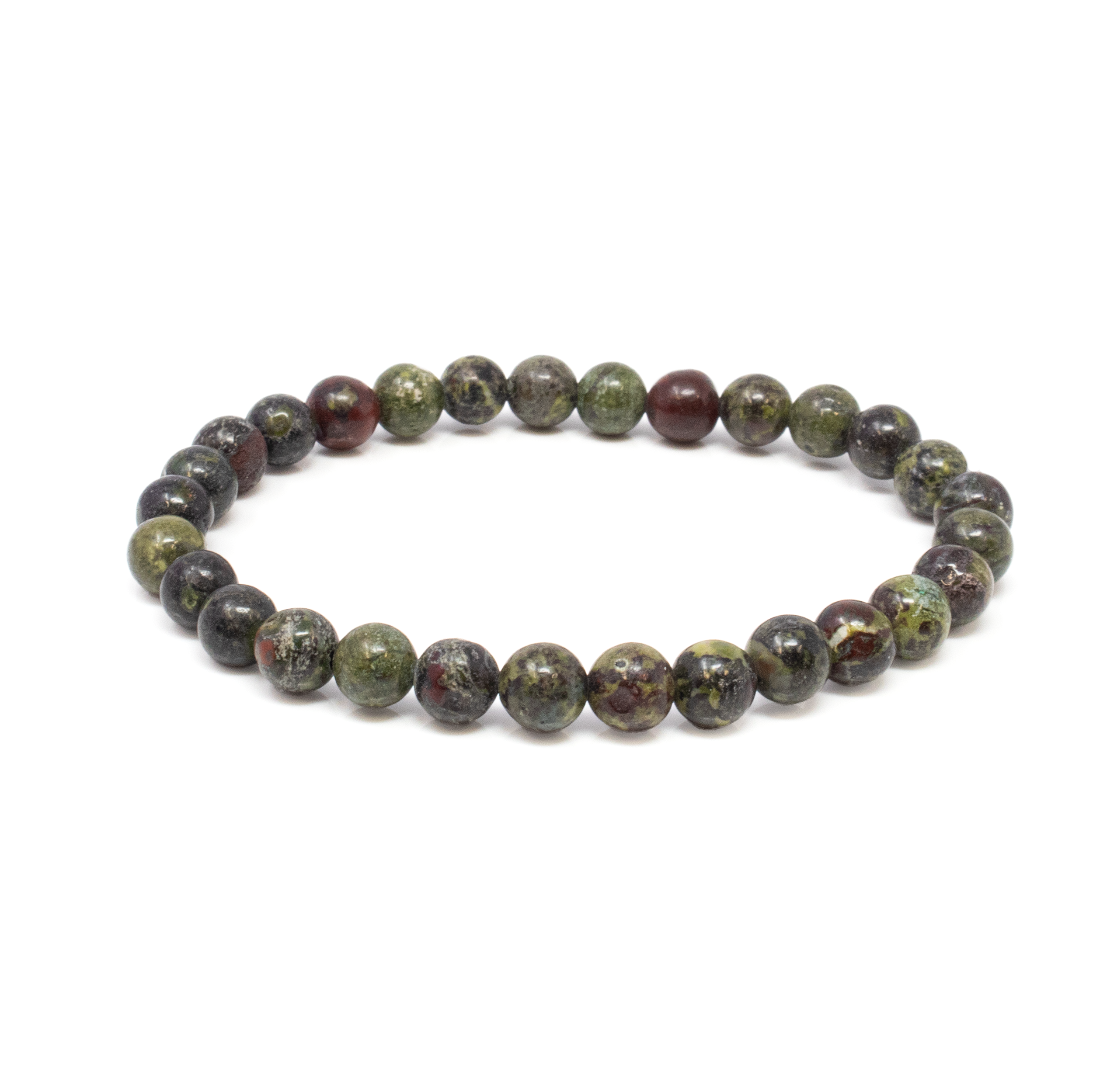 Unleash your inner strength with the Dragon Bloodstone 6mm Beaded Bracelet, an exquisite piece of jewelry that captures the mystique and power of one of nature's most captivating gemstones. This bracelet is a perfect accessory for those who appreciate the intertwining of beauty, myth, and energy.Each bead in this bracelet is crafted from genuine Dragon Bloodstone, known for its deep green colors accented with crimson flecks, said to resemble the scales and blood of dragons. This unique combination is believed to embody courage, vitality, and energy. Our artisans skillfully hand-string each 6mm bead to ensure durability and elegance. The uniform size of the beads provides a sleek and seamless look, making it suitable for both casual and formal settings. Dragon Bloodstone 6mm Bracelet