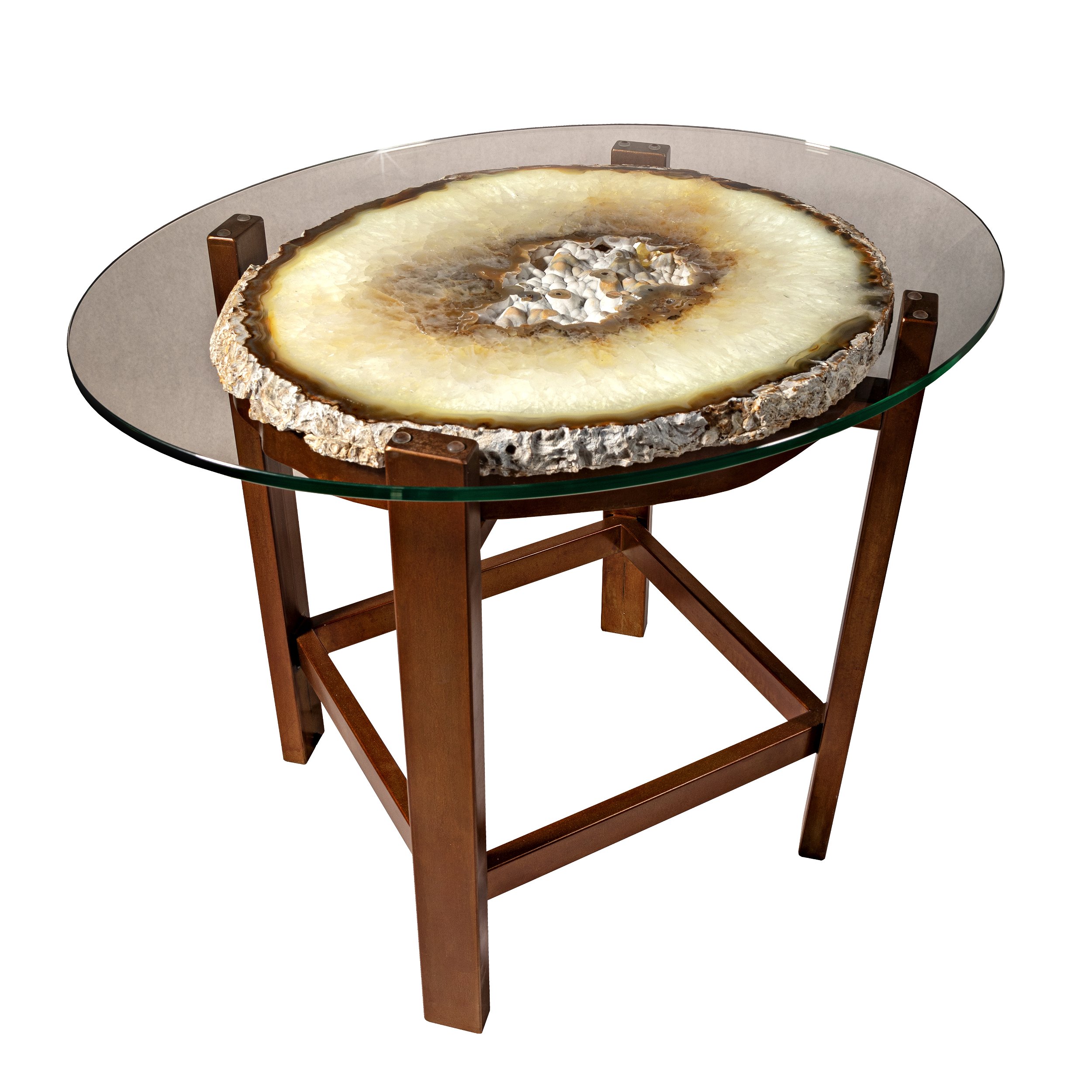 Illuminated Agate Coffee Table With White Agate Interior And Camel Brown Edge And Glass Top