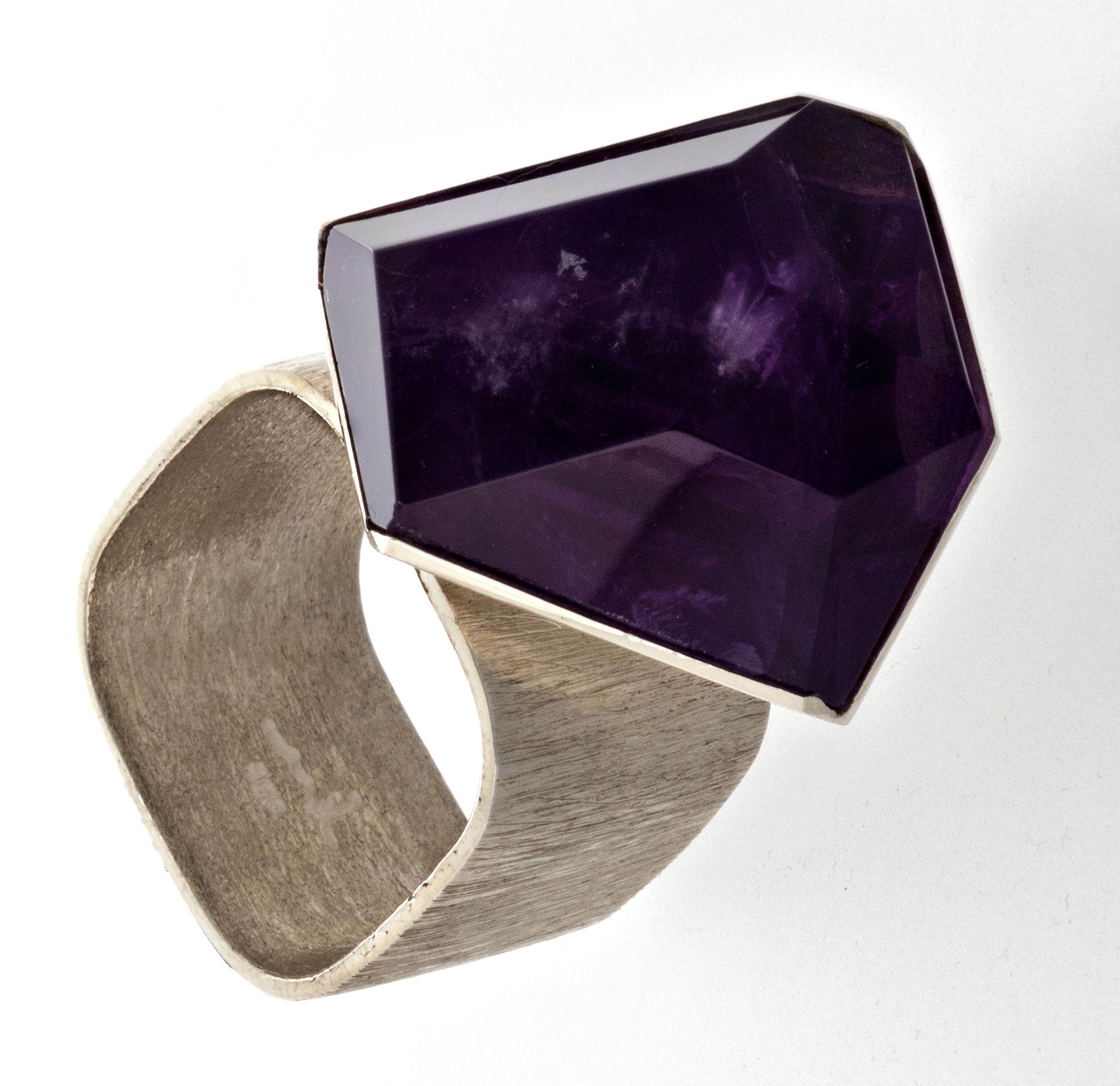 Amethyst Ring - Faceted Freeform With Corner Wall Silver Bezel & Band With Brushed Finish Sz10