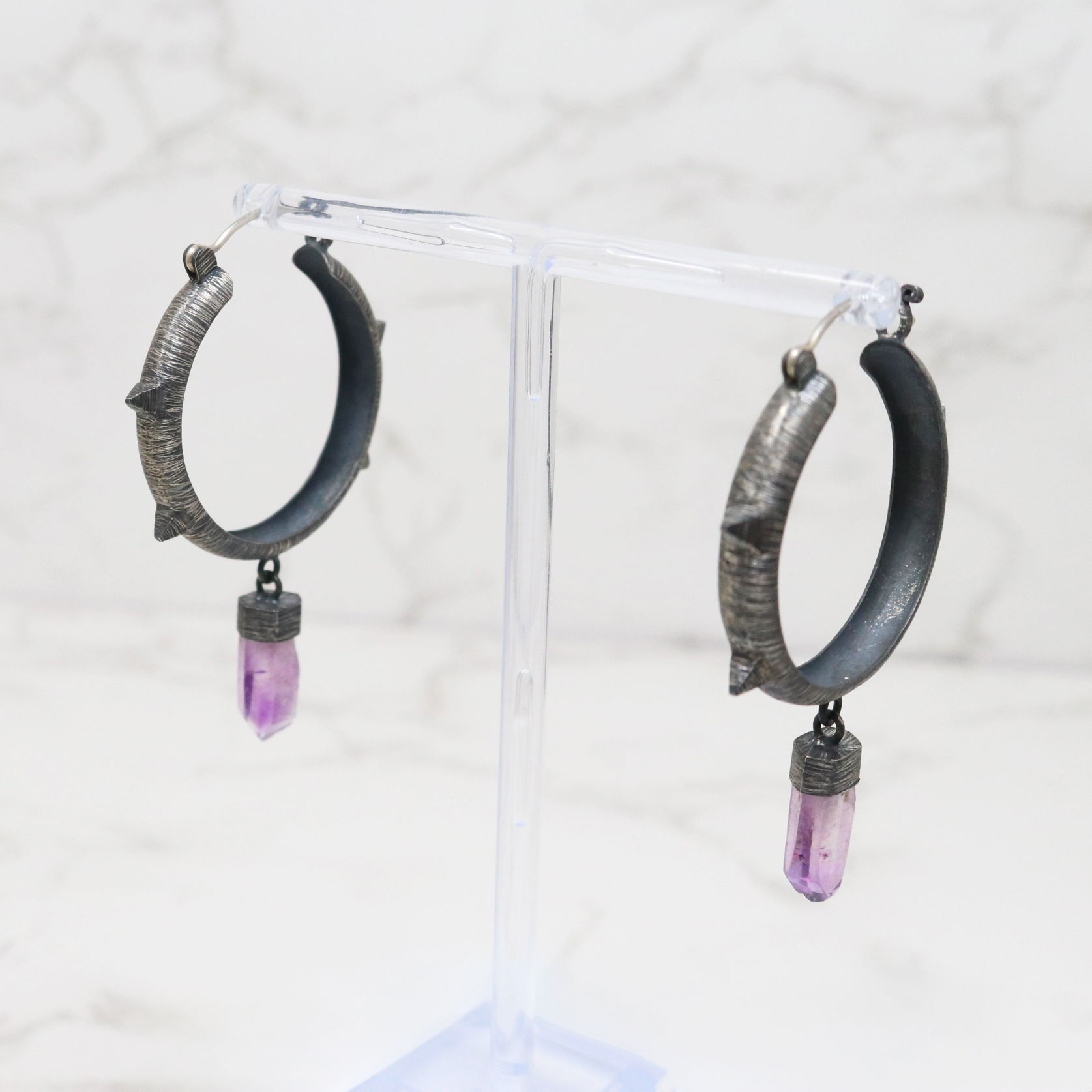 Amethyst Point Hoop Earrings with Spikes & Brushed Rhodium Finish