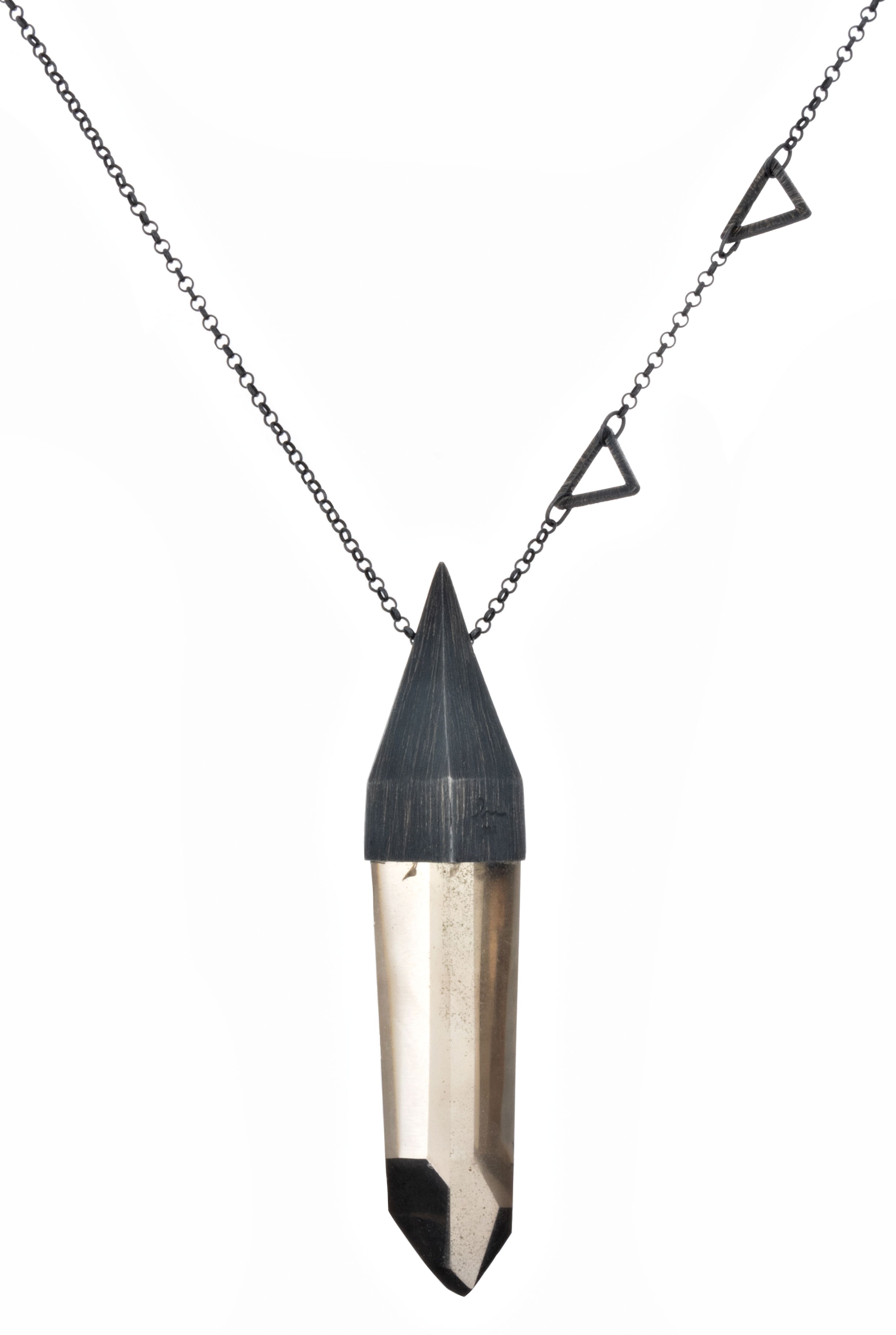 Smoky Quartz Pendant with Chain - A+ Quality Point with Brushed Rhodium Plated Finish