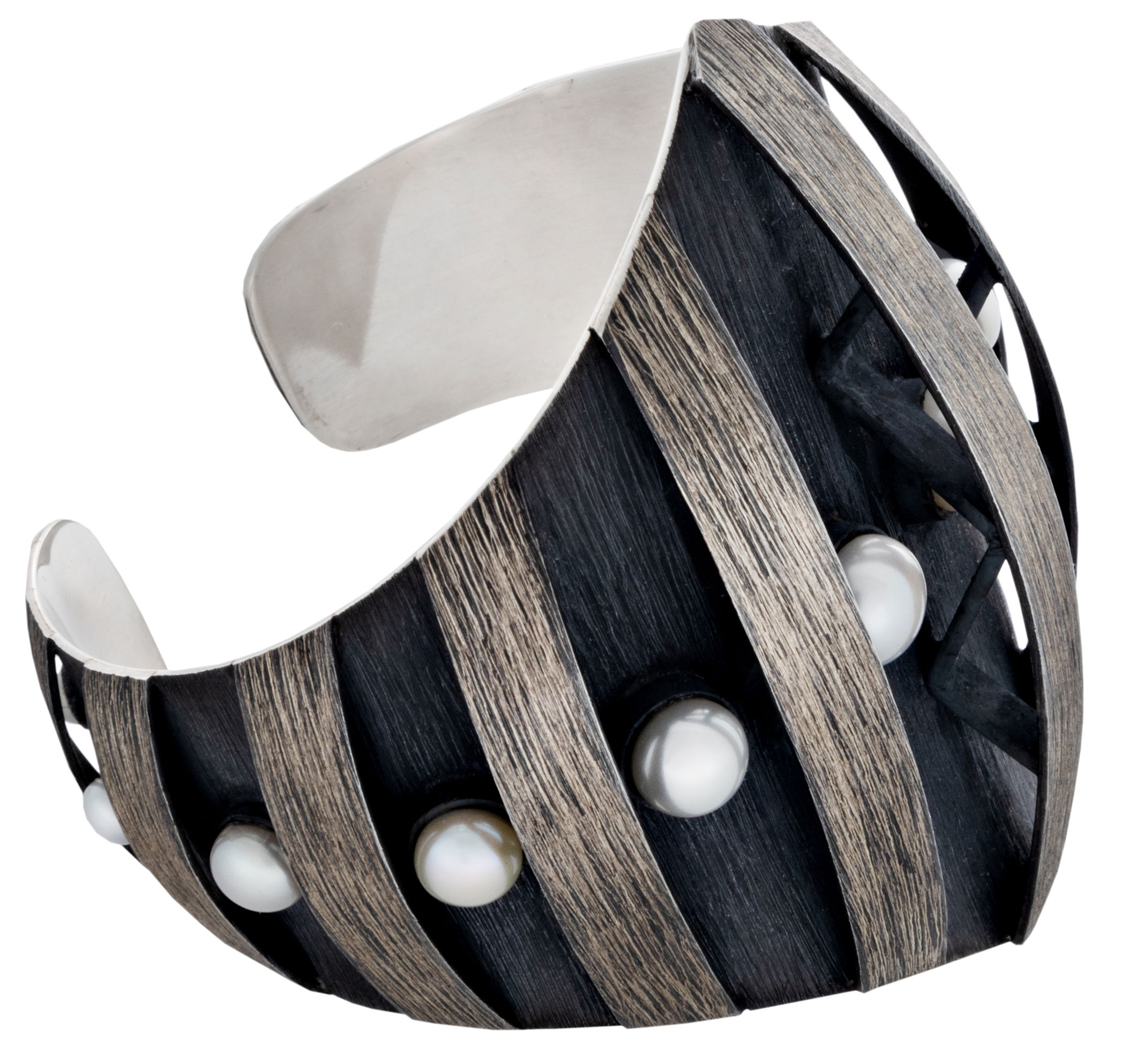 Freshwater Pearl Cuff - Tapered Silver Cuff Brushed Rhodium Plated Finish