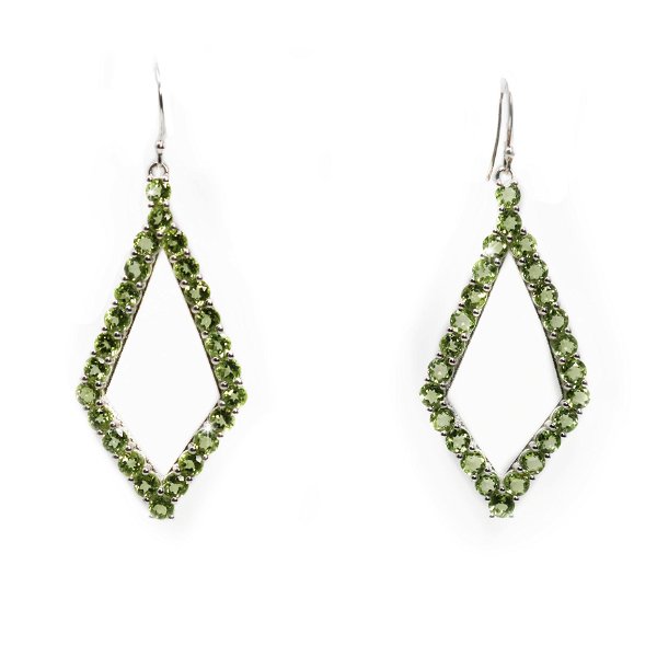 Closeup photo of Faceted Peridot Dangle Earrings - Rounds Prong Set In Open Kite Shaped Silver Setting