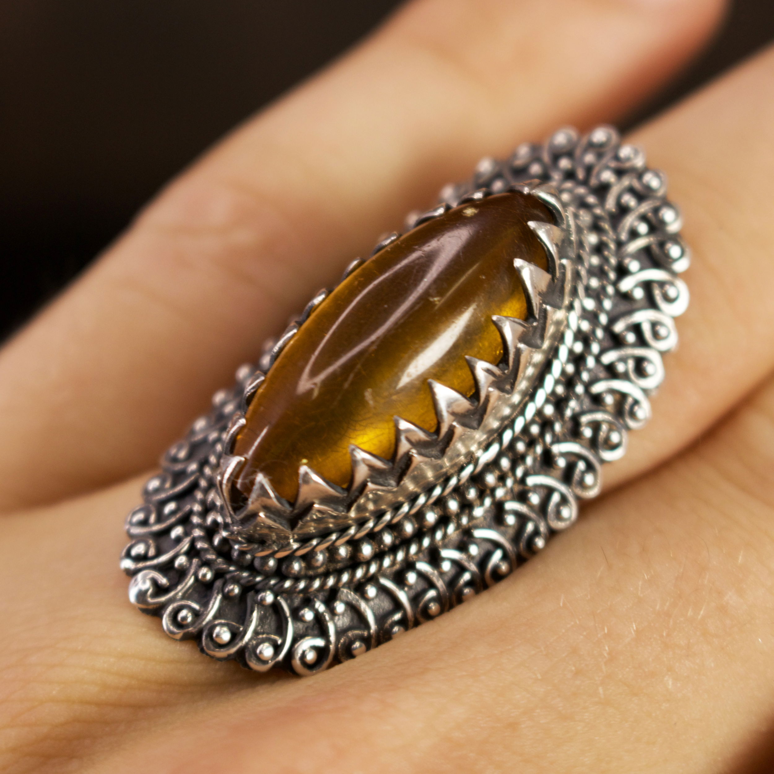 Tiger's Eye Ring - Oval Cabochon With Sterling Silver Sharp Double Scalloped Bezel & Rope And Beading Details On Bezel Edge Sz10