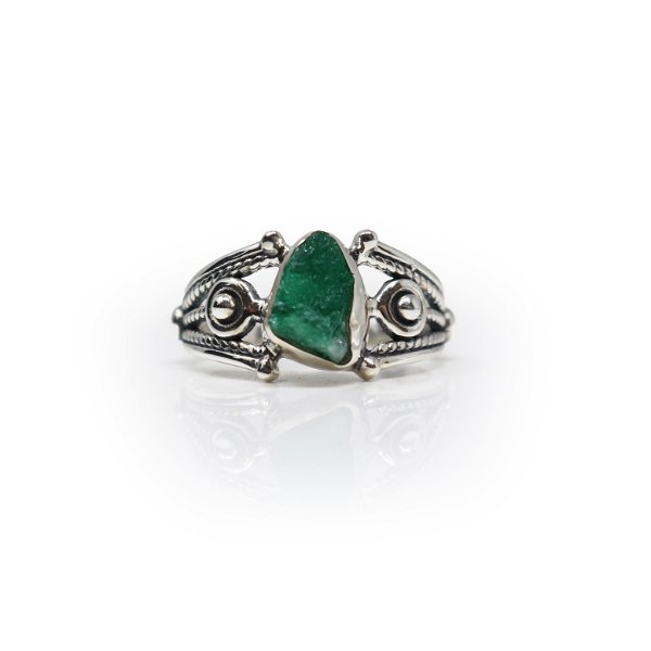 Closeup photo of Emerald Ring - Rough Freeform With 925 Sterling Silver Bezel On Open Band With Rope Design & Beading Sz10