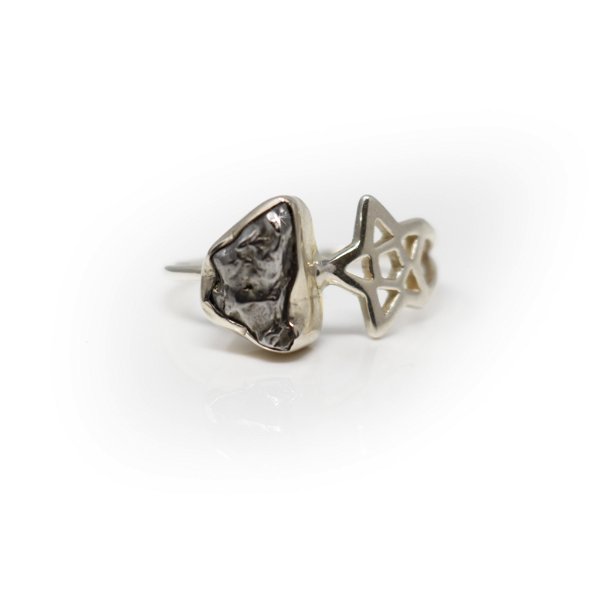 Closeup photo of Campo De Cielo Meteorite Ring - Rough Freeform With 925 Sterling Silver Bezel & Star On Band Sz8