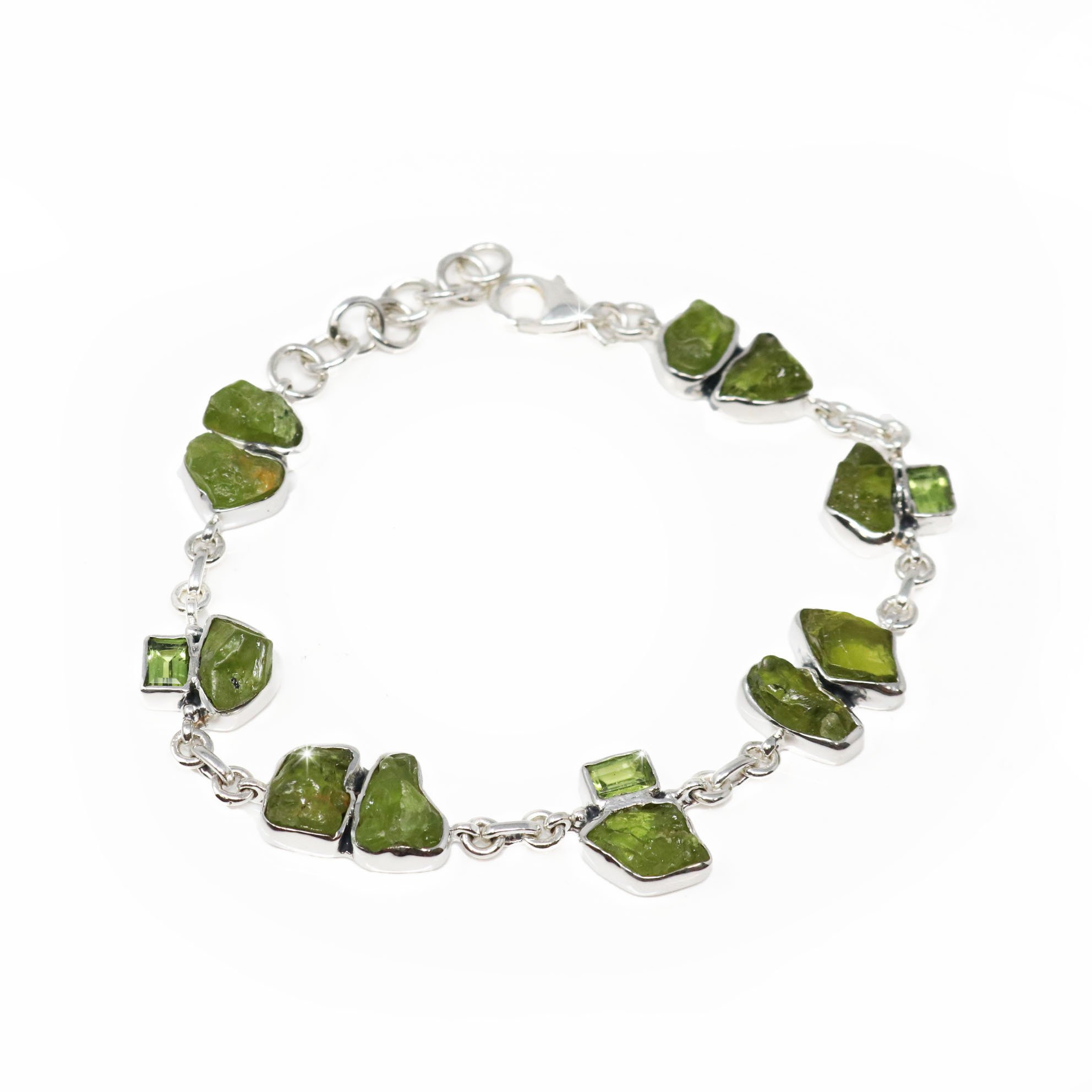 Peridot Link Bracelet - Rough Nuggets Pairs & Emerald Cut Rectangles With 925 Sterling Silver Bezels