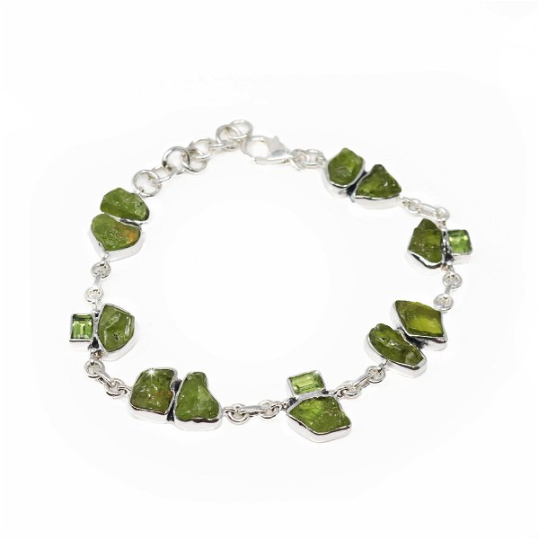 Closeup photo of Peridot Link Bracelet - Rough Nuggets Pairs & Emerald Cut Rectangles With 925 Sterling Silver Bezels