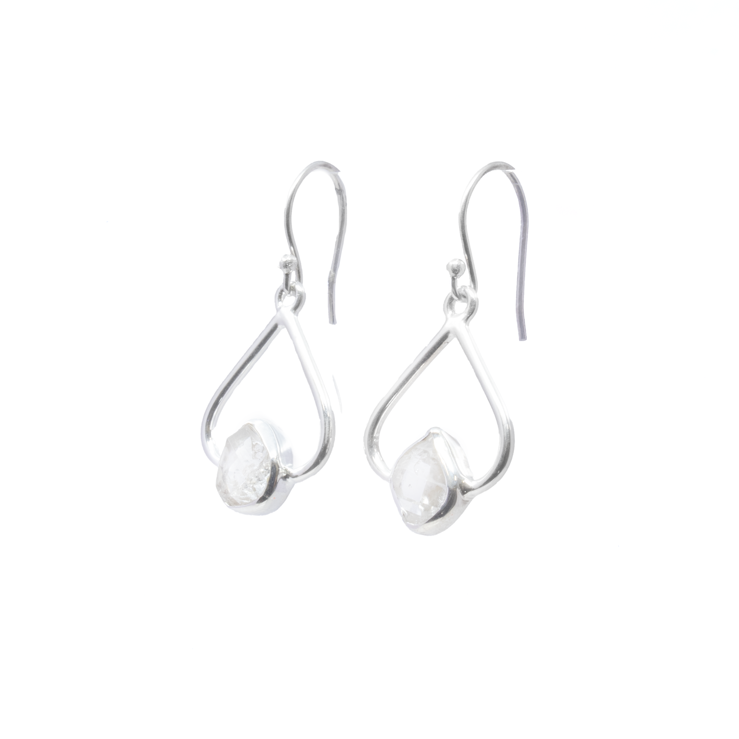 Experience the exquisite allure of nature's brilliance with our Herkimer Diamond Dangle Earrings, a stunning addition to any jewelry collection. These earrings feature genuine Herkimer Diamonds, renowned for their exceptional transparency and unique, freeform beauty. Set in an elegant 925 sterling silver open loop design, each earring is a testament to the art of fine craftsmanship and timeless elegance.The Herkimer Diamonds, known for their natural crystal clarity and ethereal shine, are skillfully mounted to highlight their organic allure. Their freeform cut adds a distinctive and personalized touch, ensuring that each pair is truly one-of-a-kind. The sterling silver setting, polished to perfection, provides a sophisticated backdrop that enhances the gemstone's natural sparkle.Our Herkimer Diamond Dangle Earrings are designed for both everyday glamour and special occasions. Whether you’re attending a gala, a casual gathering, or simply want to elevate your day-to-day ensemble, these earrings are versatile companions that effortlessly complement any look. Herkimer Diamond Dangle Earrings - Freeform Set In 925 Sterling Silver Open Loop
