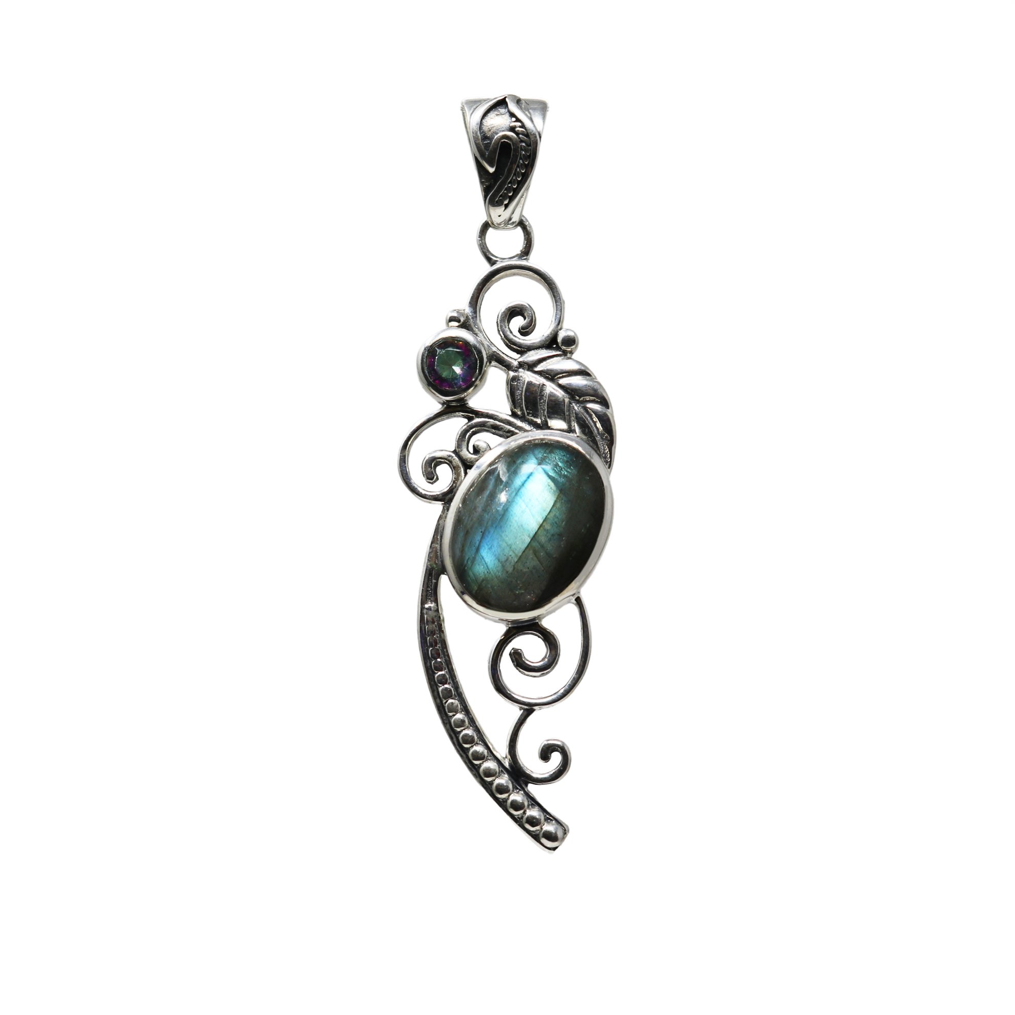 Labradorite Pendant - Oval Cabochon With Faceted Mystic Topaz Round On Ornate 925 Sterling Silver Setting With Swirls & Leaf Detail & Cascading Beaded Section - Ornate Bail