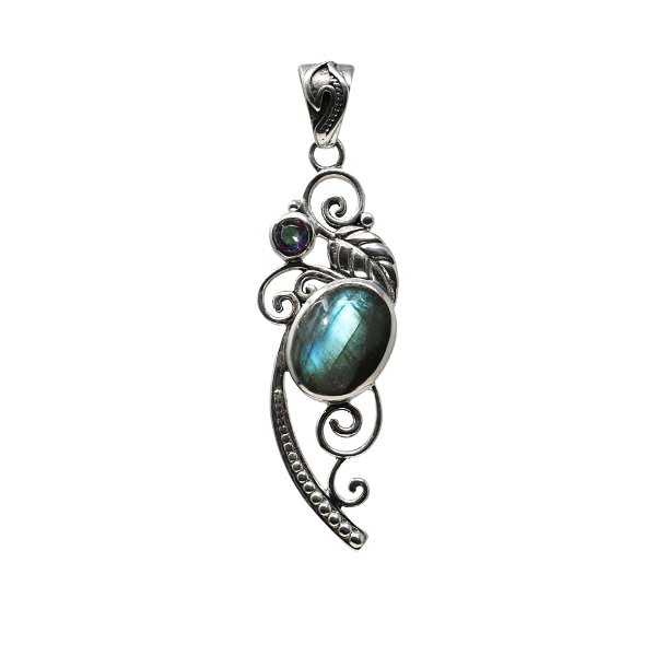 Closeup photo of Labradorite Pendant - Oval Cabochon With Faceted Mystic Topaz Round On Ornate 925 Sterling Silver Setting With Swirls & Leaf Detail & Cascading Beaded Section - Ornate Bail