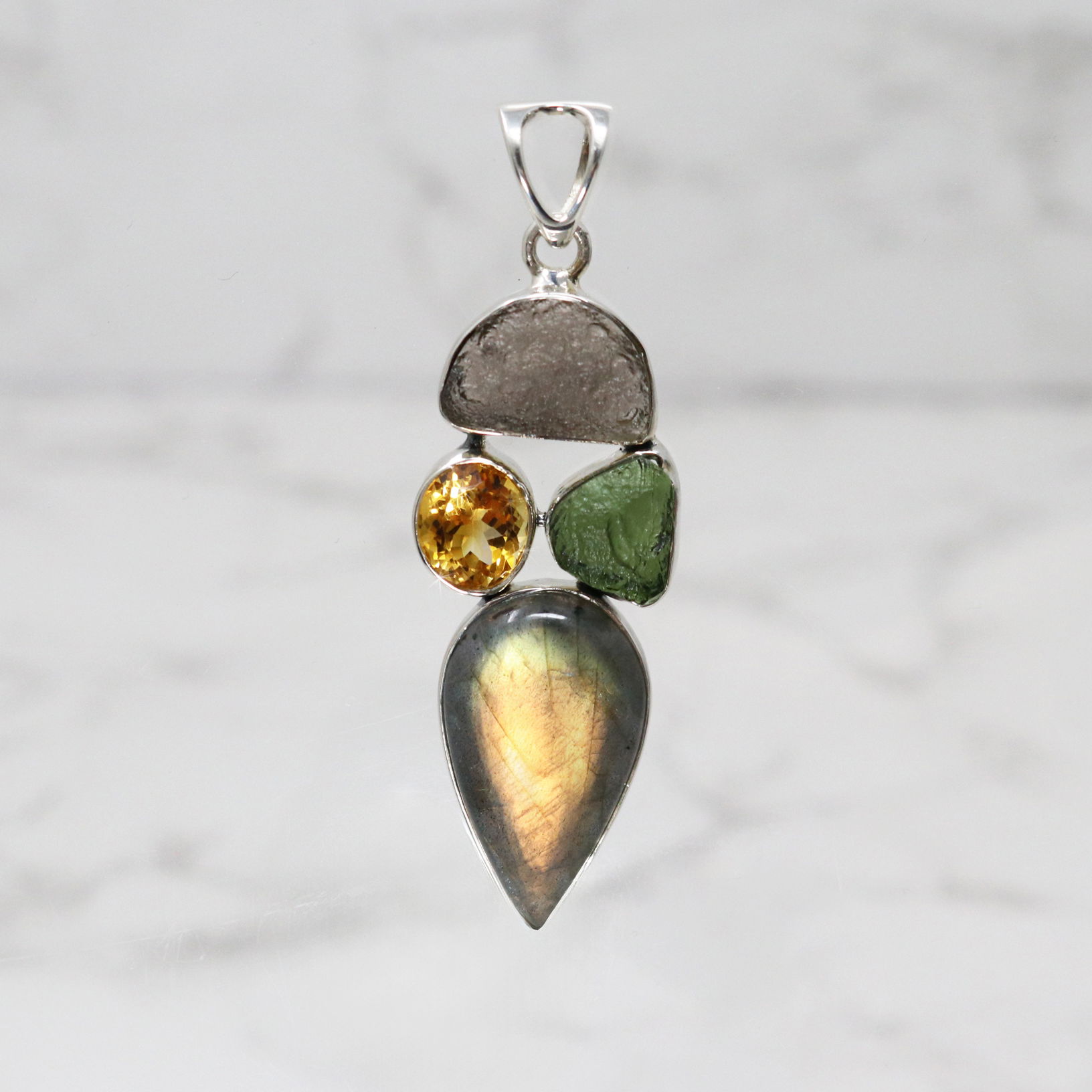 Labradorite Pendant - Reverse Pear Cabochon with Rough Moldavite & Saffordite Freeforms with Faceted Citrine Oval & 925 Sterling Silver Bezels - Ombre Golden Feldspar Shift