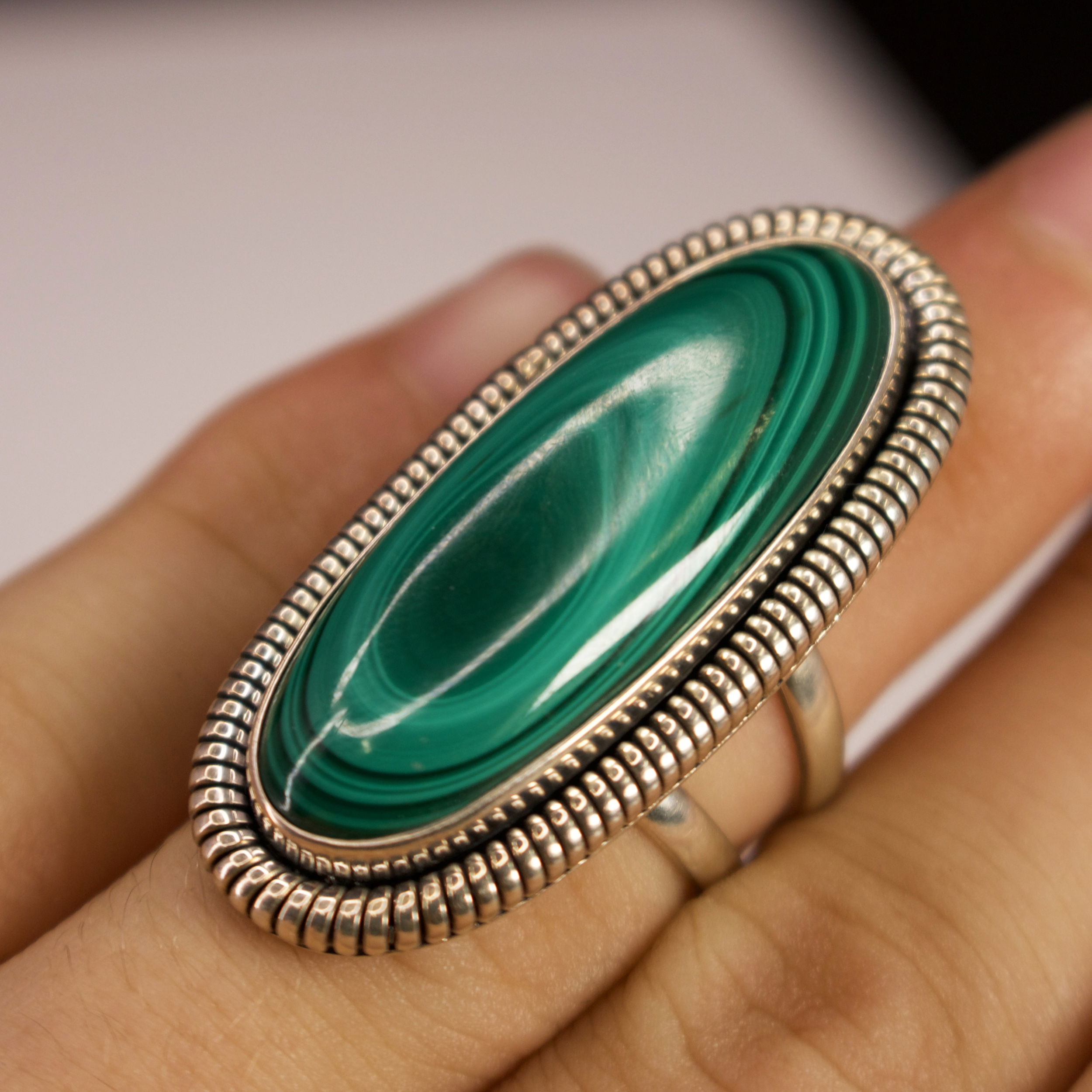 Malachite Ring - Elongated Oval Cabochon With 925 Sterling Silver Rope Bezel Edge On Double Band Sz6