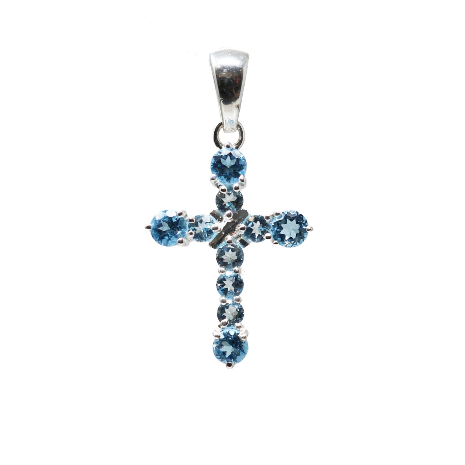Blue Topaz Cross Pendant - 10 Rounds Prong Set - Deep Blue Faceted Rounds On Edge With Baby Blue Faceted Rounds In Center