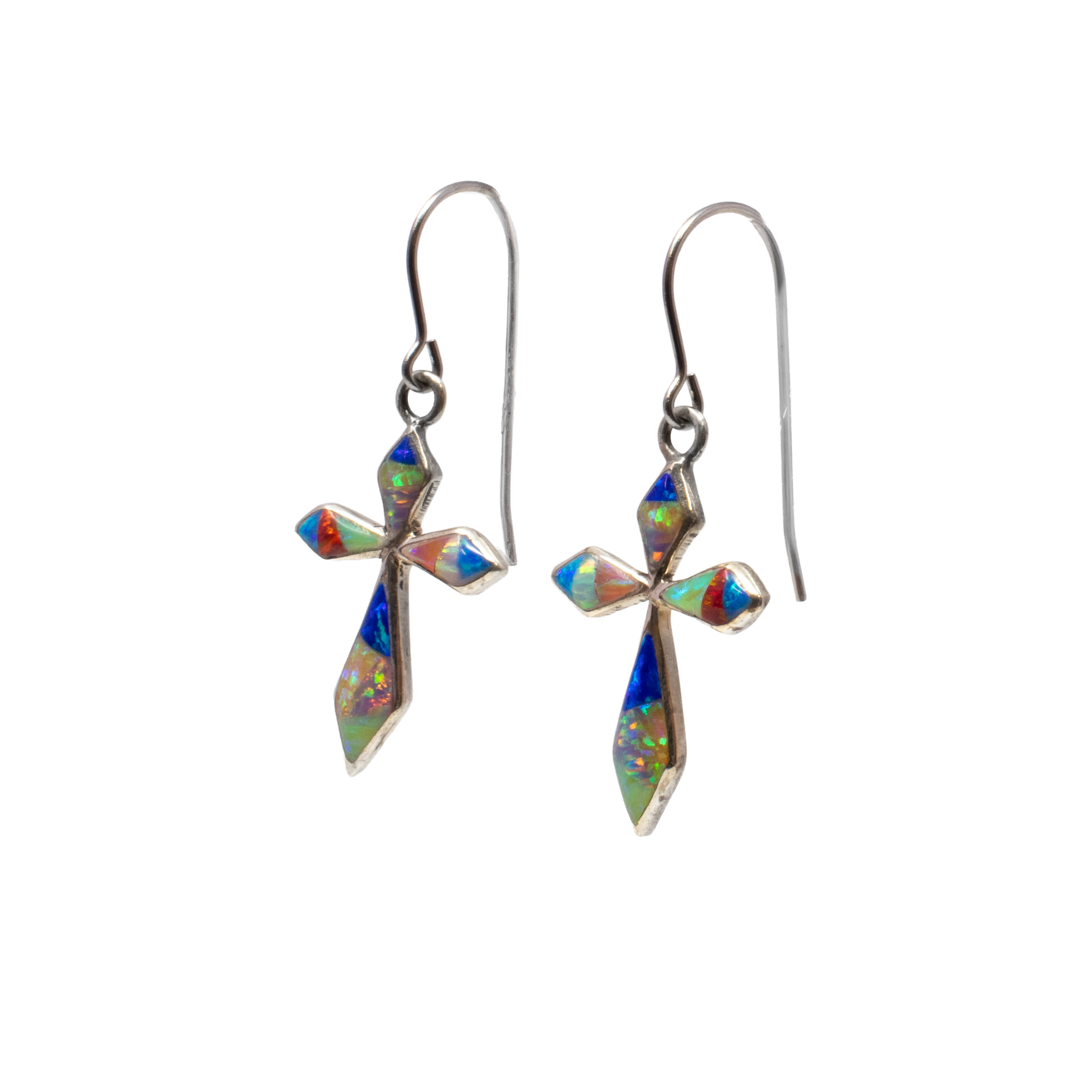 Introducing our exquisite Multi Fire Opal Inlay Dangle Earrings, a true testament to artisanal craftsmanship and ethereal beauty. These earrings feature a dainty cross design with elegantly tapered arms, adding a touch of delicate elegance to any ensemble. Each arm of the cross showcases a meticulously crafted triangular inlay of vibrant multi fire opal, capturing a spectrum of colors that dance and shimmer with ethereal grace.The opal's fiery hues are accentuated by a lustrous 925 sterling silver bezel, providing a stunning contrast that enhances the gemstones' natural allure. The sterling silver not only ensures durability but also offers a timeless elegance that complements any style or occasion. Multi Fire Opal Inlay Dangle Earrings - Dainty Cross With Tapered Arms & Triangular Inlay With 925 Sterling Silver Bezel