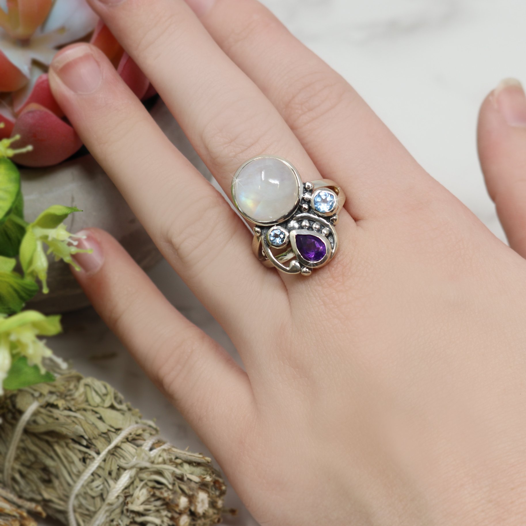 Rainbow Moonstone Ring - Round Cabochon With Faceted Amethyst Pear & Faceted Blue Topaz Rounds With 925 Sterling Silver Bezels With Beading On Open Band Sz8