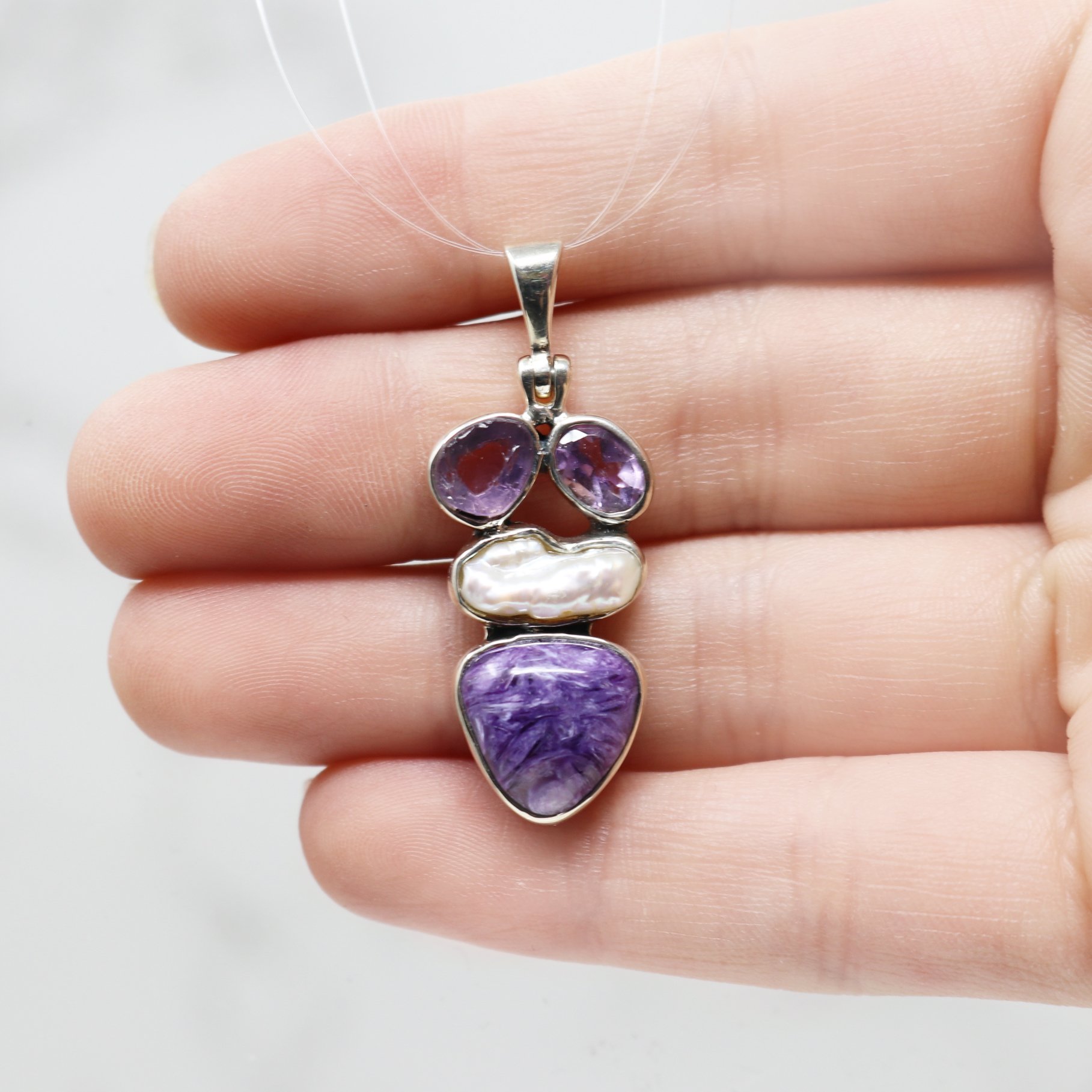Charoite Pendant - Triangular Cabochon With Faceted & Rough Amethyst Ovals & Freshwater Pearl With 925 Sterling Silver Bezels