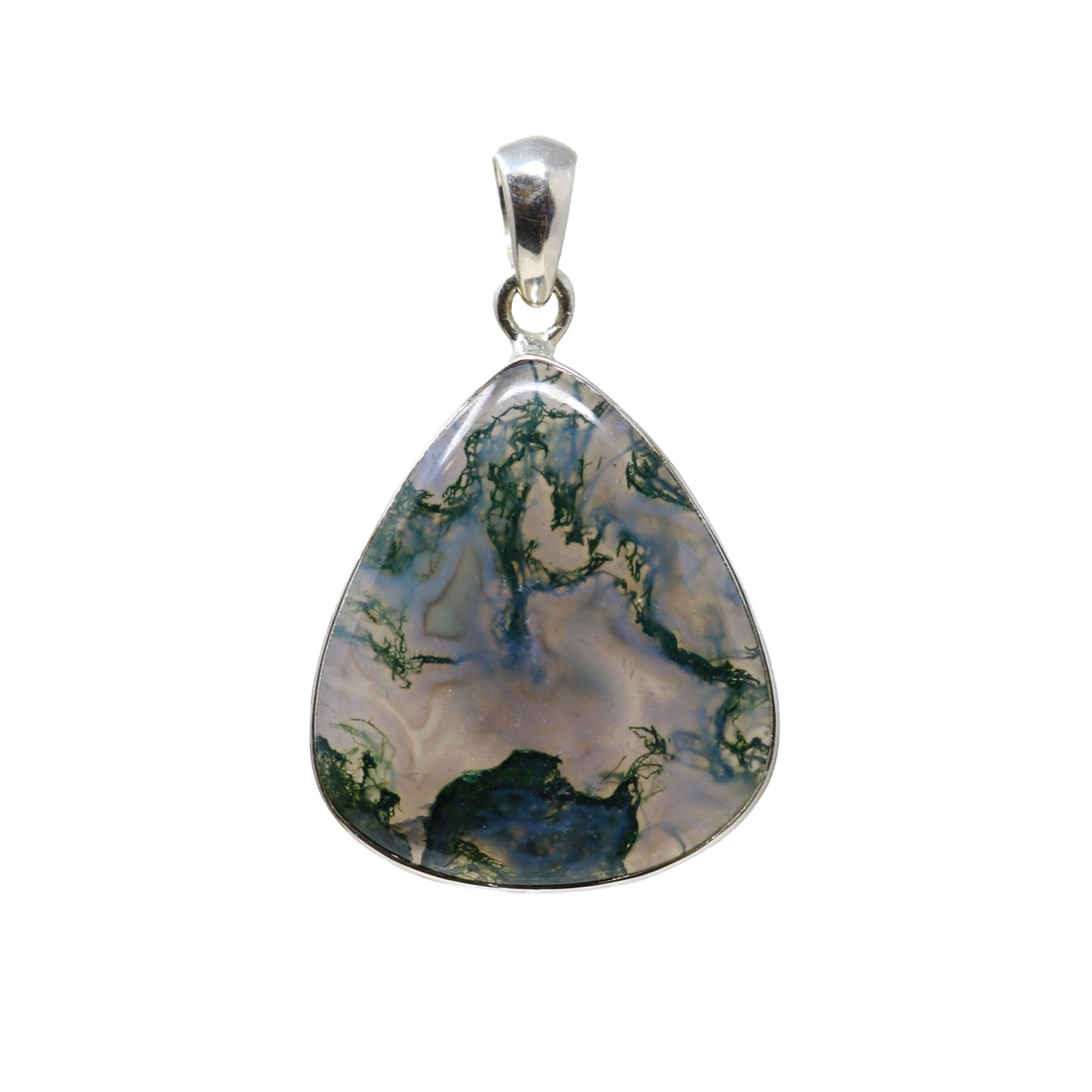 Moss Agate Pendant - Wide Pear Cabochon With Simple 925 Sterling Silver Bezel
