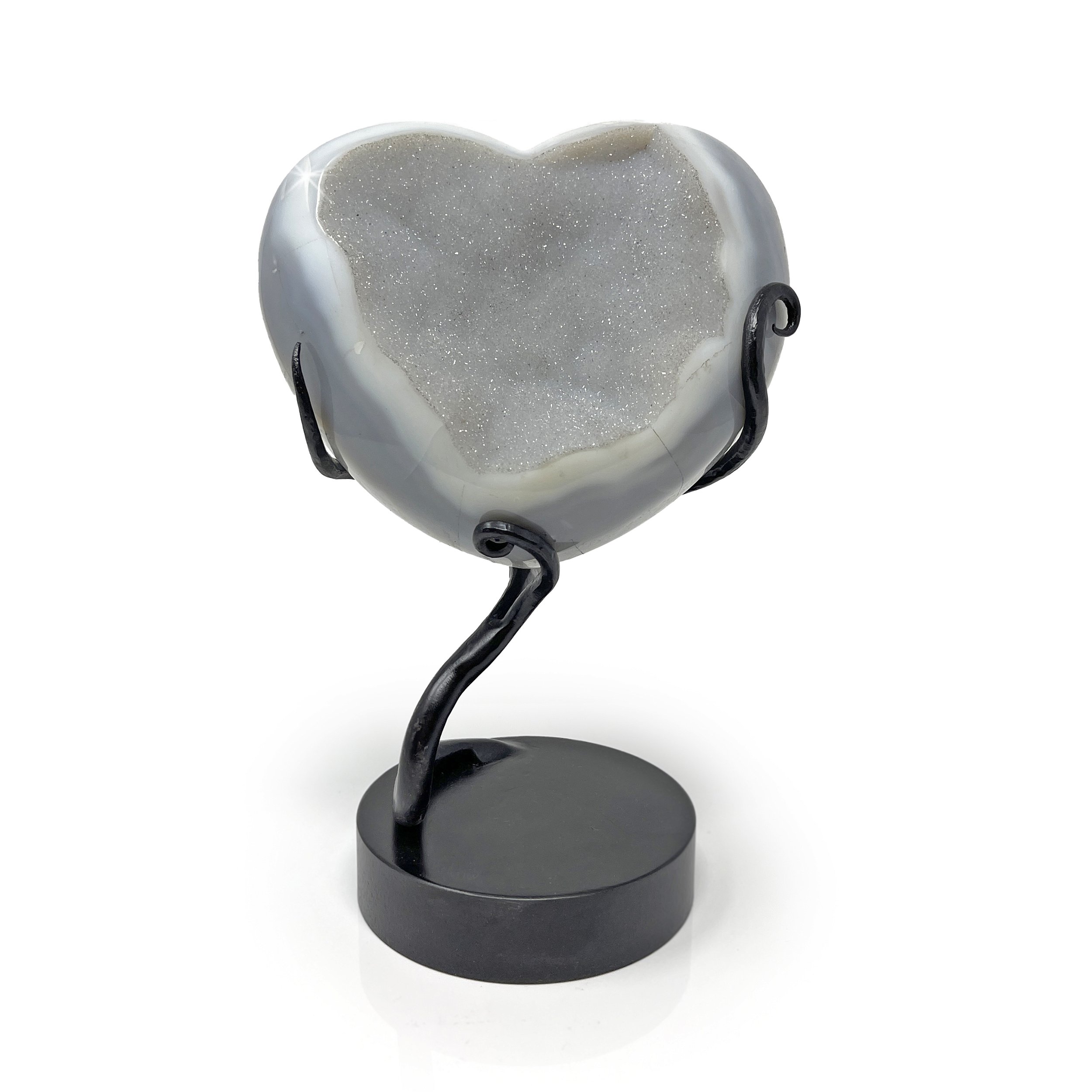 Agate Druze Heart on Custom Stand - Soft Gray Druze with Cream & Grays