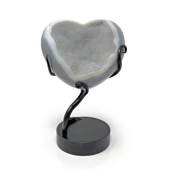Closeup photo of Agate Druze Heart on Custom Stand - Soft Gray Druze with Cream & Grays