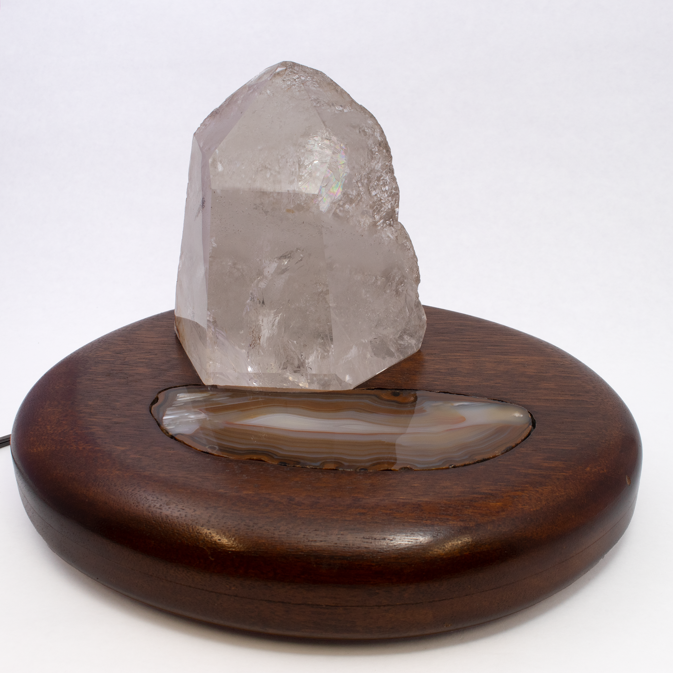 Brazilian Quartz Point & Agate Slice Crystal Power Luminary With Wood Base