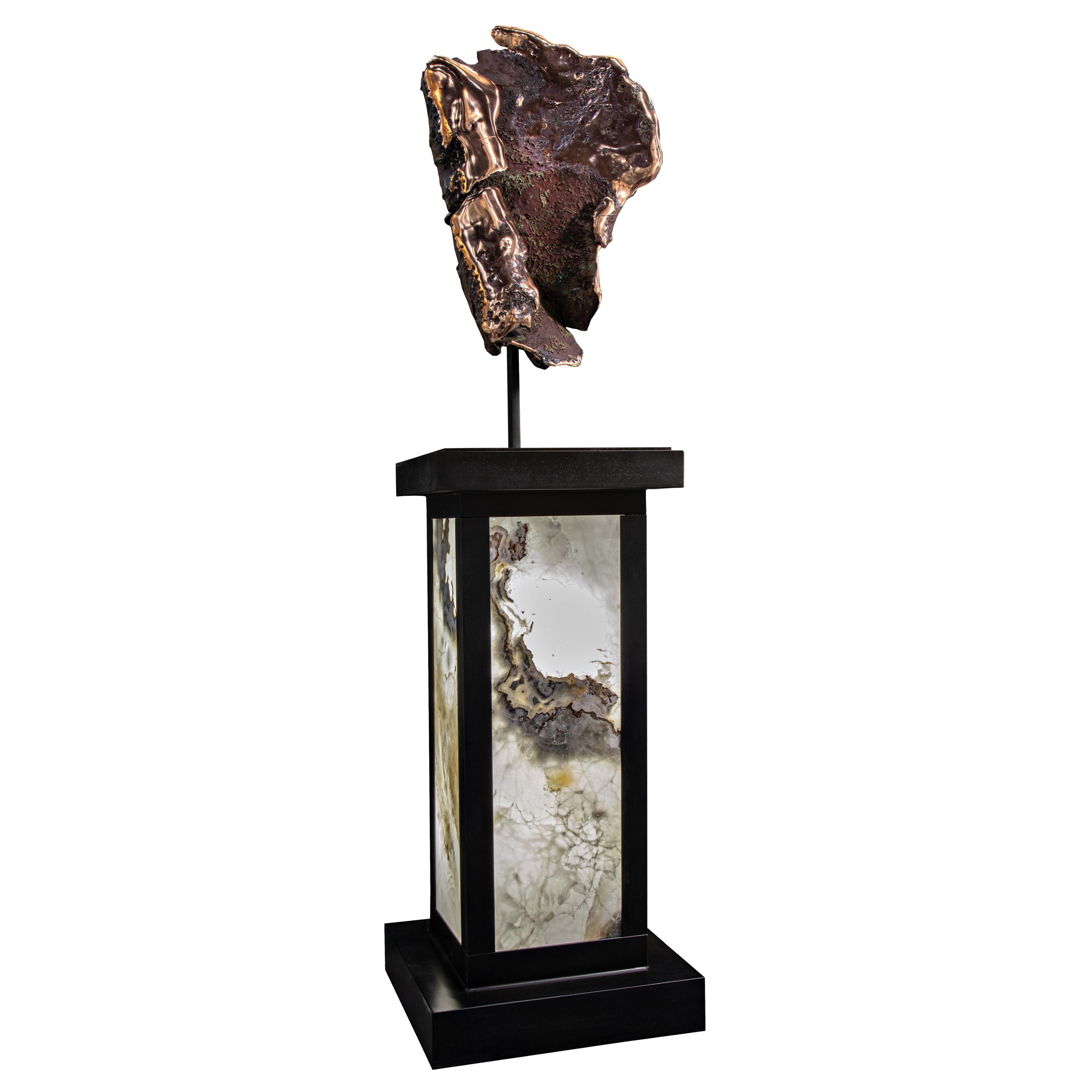 Michigan Copper Float Specimen on Custom Metal Floor Stand with Illuminated Pearlescent Side Walls with Rare Glacial Fold & Red Cuperite Inclusions