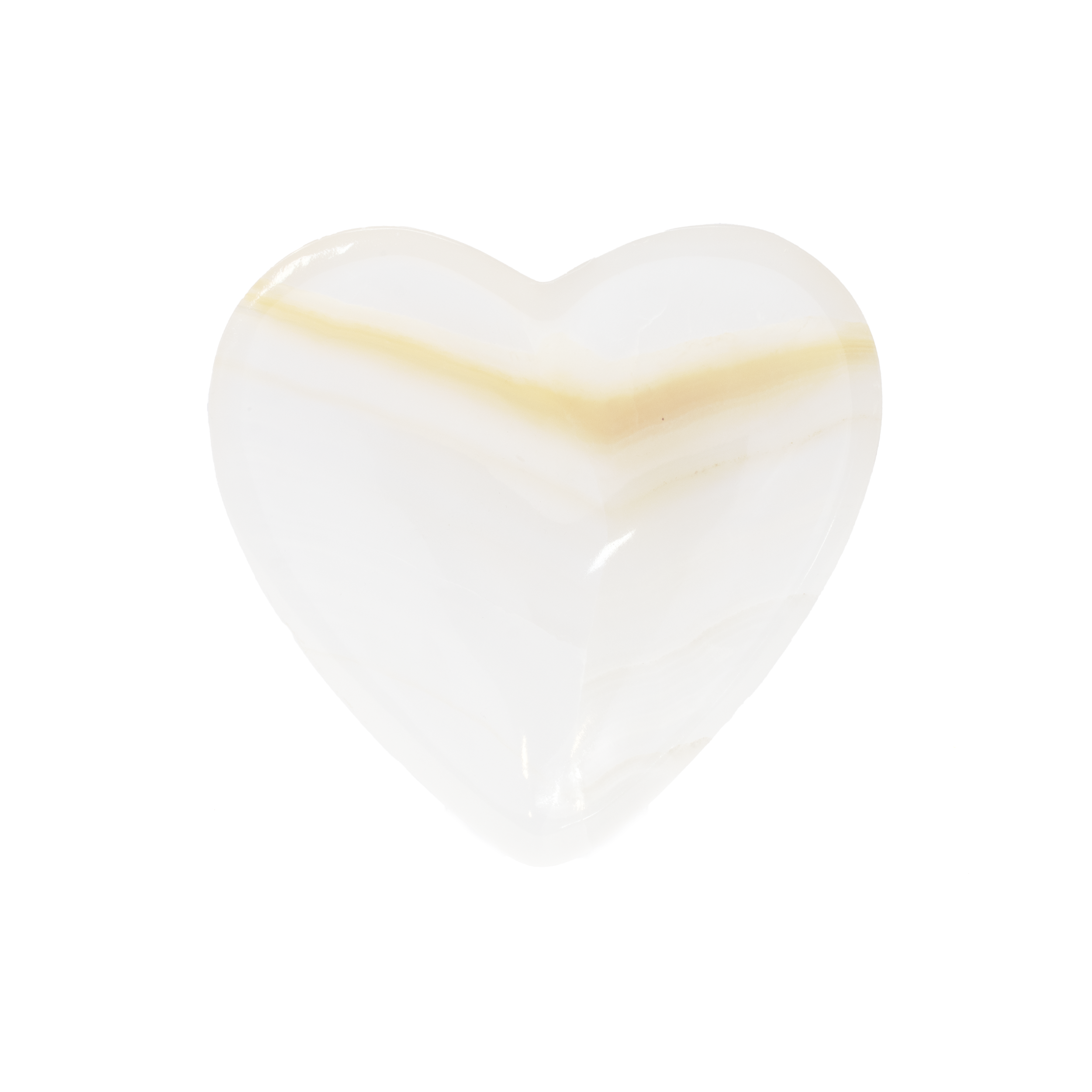 Introducing the Pearlescent Onyx Heart Vessel—a captivating piece that effortlessly merges the raw beauty of nature with the allure of artistic craftsmanship. Sourced from the heart of Mexico, this stunning vessel is meticulously carved from genuine Mexican Onyx, renowned for its unique patterns and rich tonal variations.This heart-shaped masterpiece boasts a pearlescent finish, enhancing its mesmerizing interplay of dark and light hues. The surface reveals intricate swirls and bands characteristic of onyx, making each piece truly one-of-a-kind. Its elegant, smooth texture adds a touch of sophistication, making it an exquisite addition to any home or office decor. Pearlescent Onyx Heart Vessel