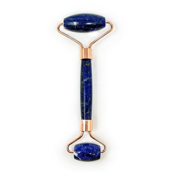 Closeup photo of Sodalite Facial Roller with Rose Gold Hardware
