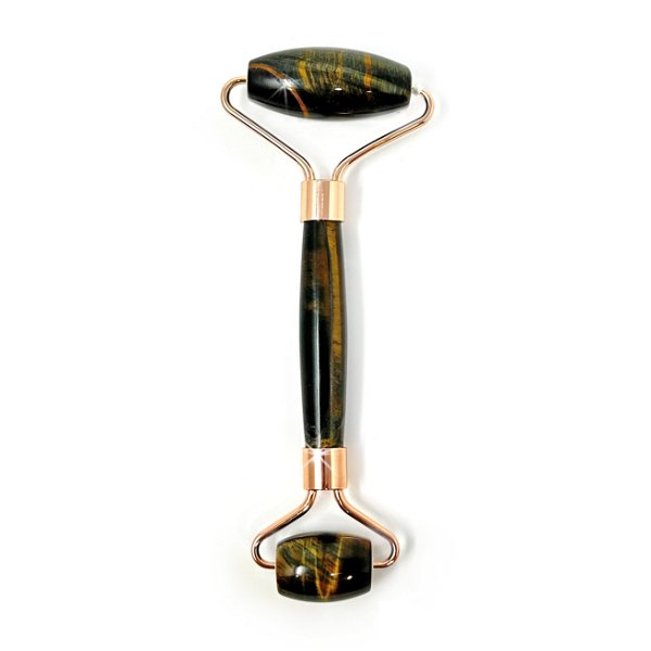Closeup photo of Blue Tigers Eye Facial Roller with Rose Gold Hardware