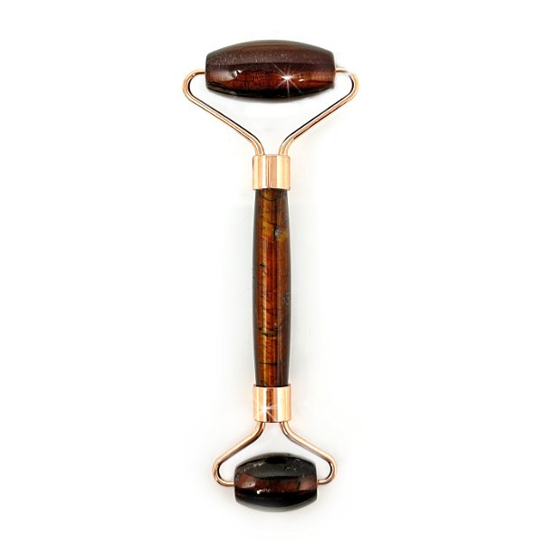 Closeup photo of Red Tigers Eye Facial Roller with Rose Gold Hardware