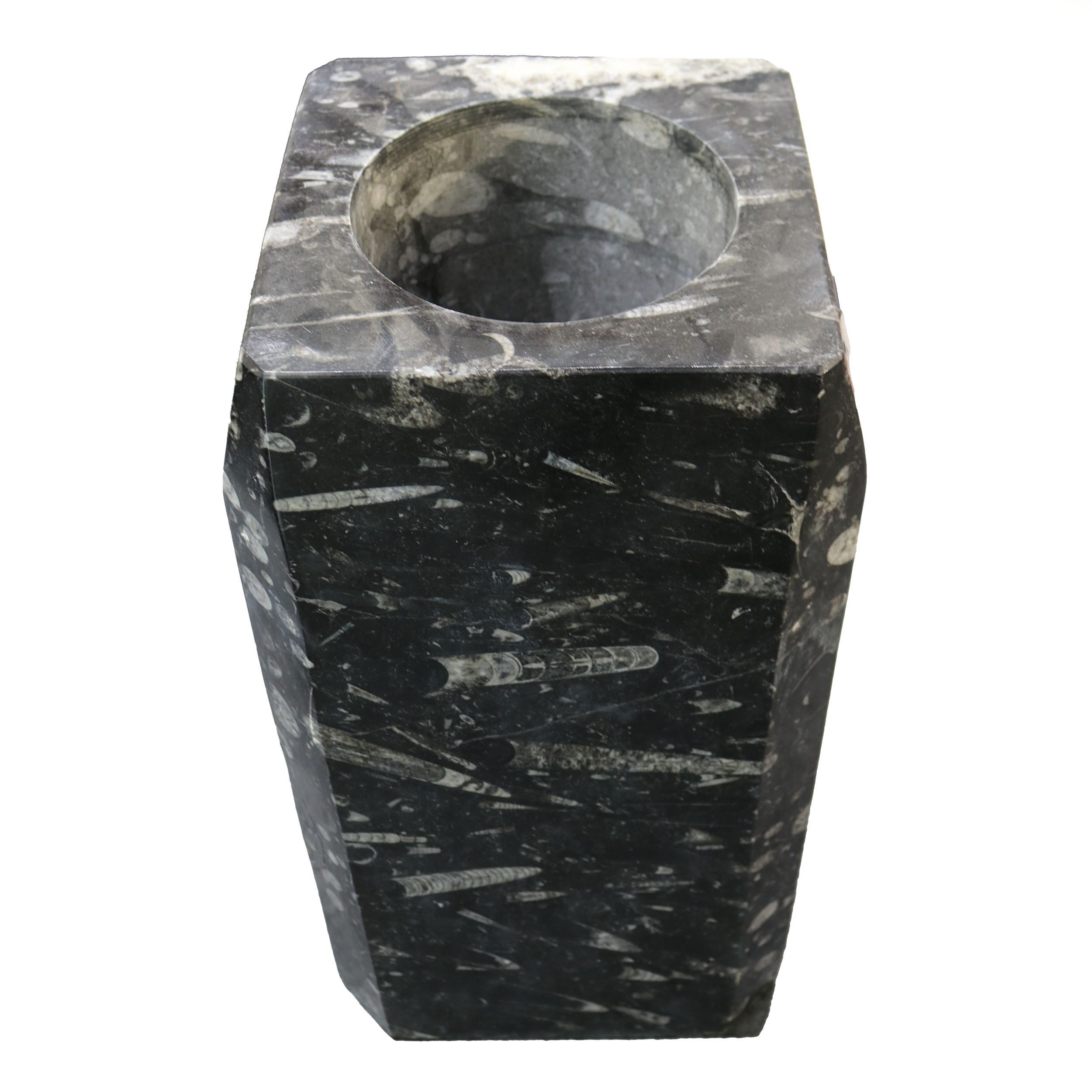 Bring the ancient ocean into your home with the Orthoceras Fossil Seabed Vase with Lid, a stunning piece crafted from genuine 400-million-year-old marine fossils embedded in natural stone. Each vase is entirely unique, showcasing the distinct textures and patterns of Orthoceras fossils within a richly layered seabed matrix.Both decorative and functional, this lidded vase can serve as a captivating display piece or a stylish container for keepsakes. Its timeless design and earthy elegance make it a versatile addition to any room. A perfect gift for lovers of natural history or refined decor, this vase is a striking tribute to Earth’s prehistoric beauty. Orthoceras Fossil Seabed Vase With Lid