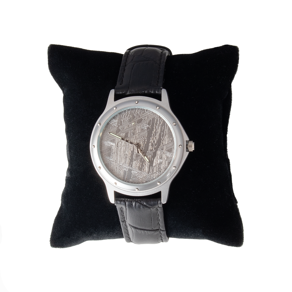 Shot of Muonionalusta Meteorite Watch - Automatic with Black Leather Band and White Gold IP Plating