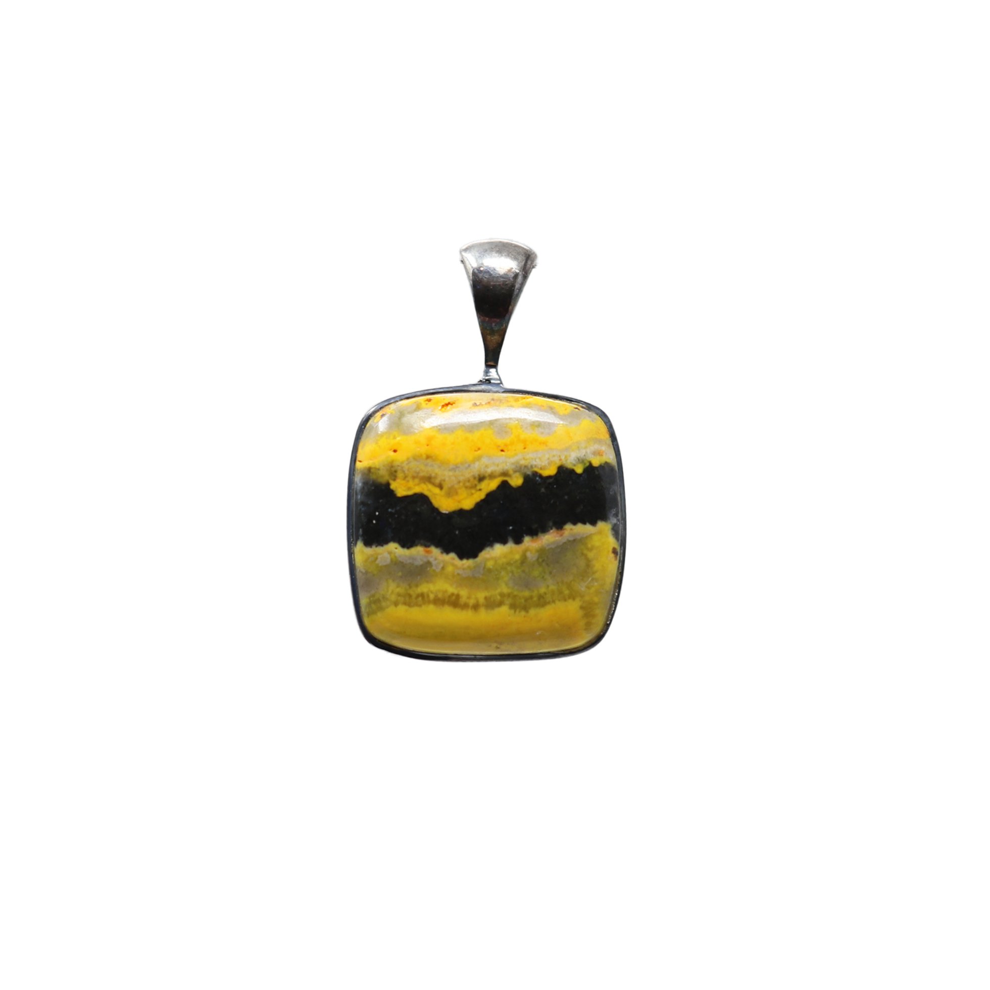 Bumblebee Jasper Pendant - Square Cabochon with Rounded Edges & 925 Sterling Silver Bezel - Deep Ebony Vein