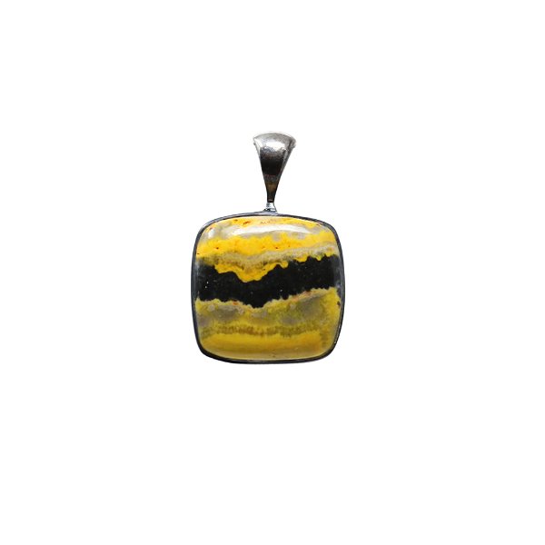 Closeup photo of Bumblebee Jasper Pendant - Square Cabochon with Rounded Edges & 925 Sterling Silver Bezel - Deep Ebony Vein