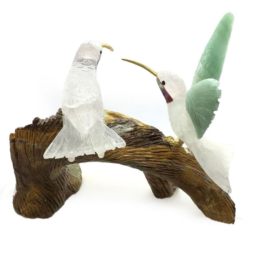 Quartz & Aquamarine Hummingbird Carving Duo Perched on Talan Onyx Carved Tree Trunk