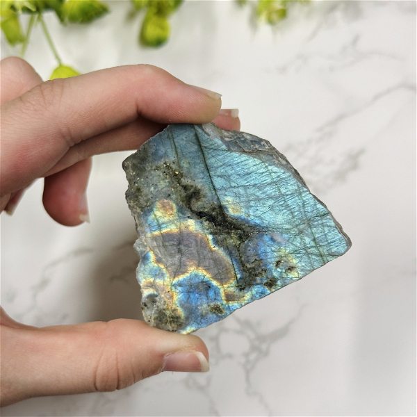 Closeup photo of High Quality Labradorite Specimen with Natural Edge (Free Stand with Purchase)