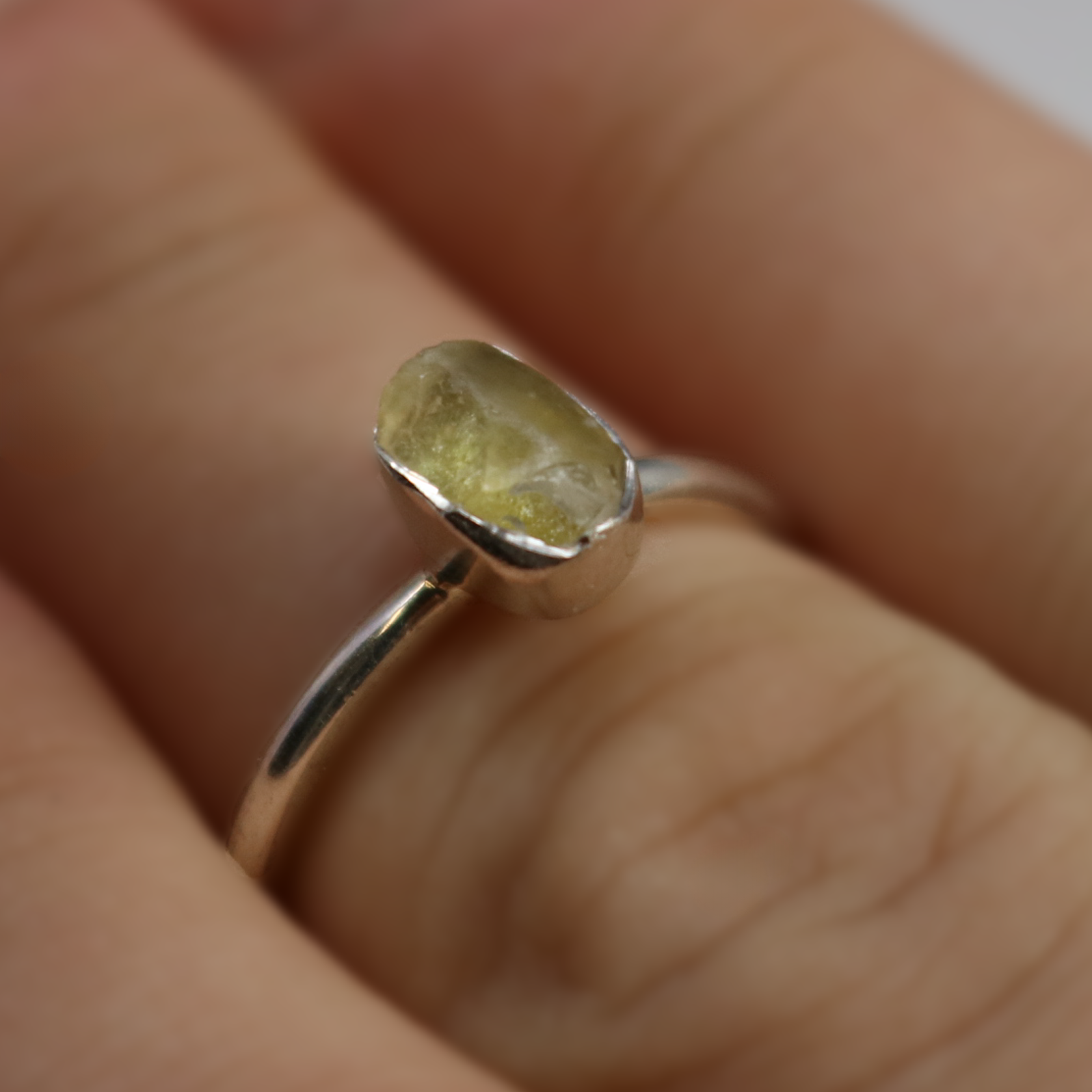 Egyptian Tektite Ring from Sahara Desert of Libya - Rough Dainty Freeform with Simple 925 Sterling Silver Bezel on Vert Band sz8