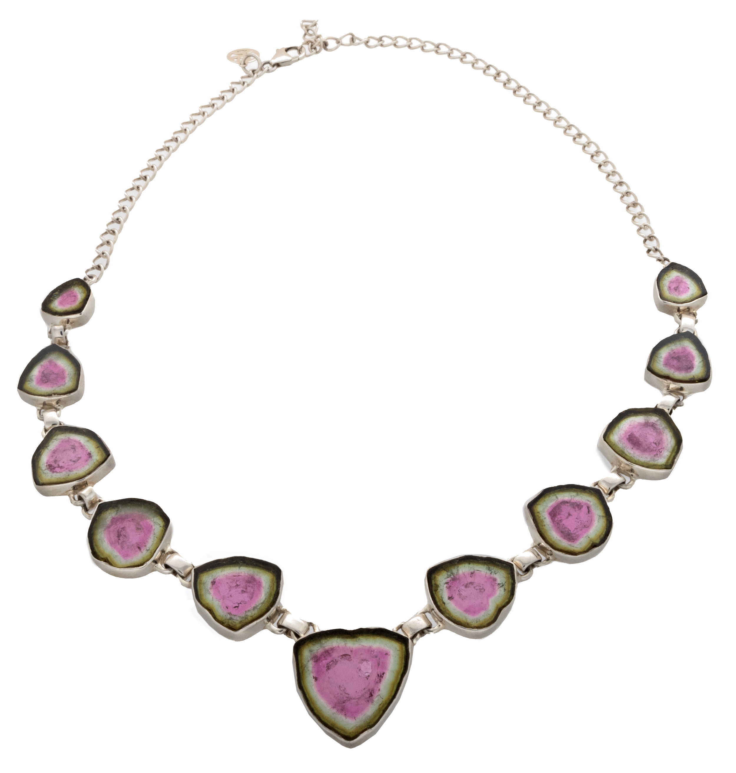 Watermelon Tourmaline Necklace - 11 Flat Cut Freeforms Cascading From Smallest To Largest with 925 Sterling Silver Bezels