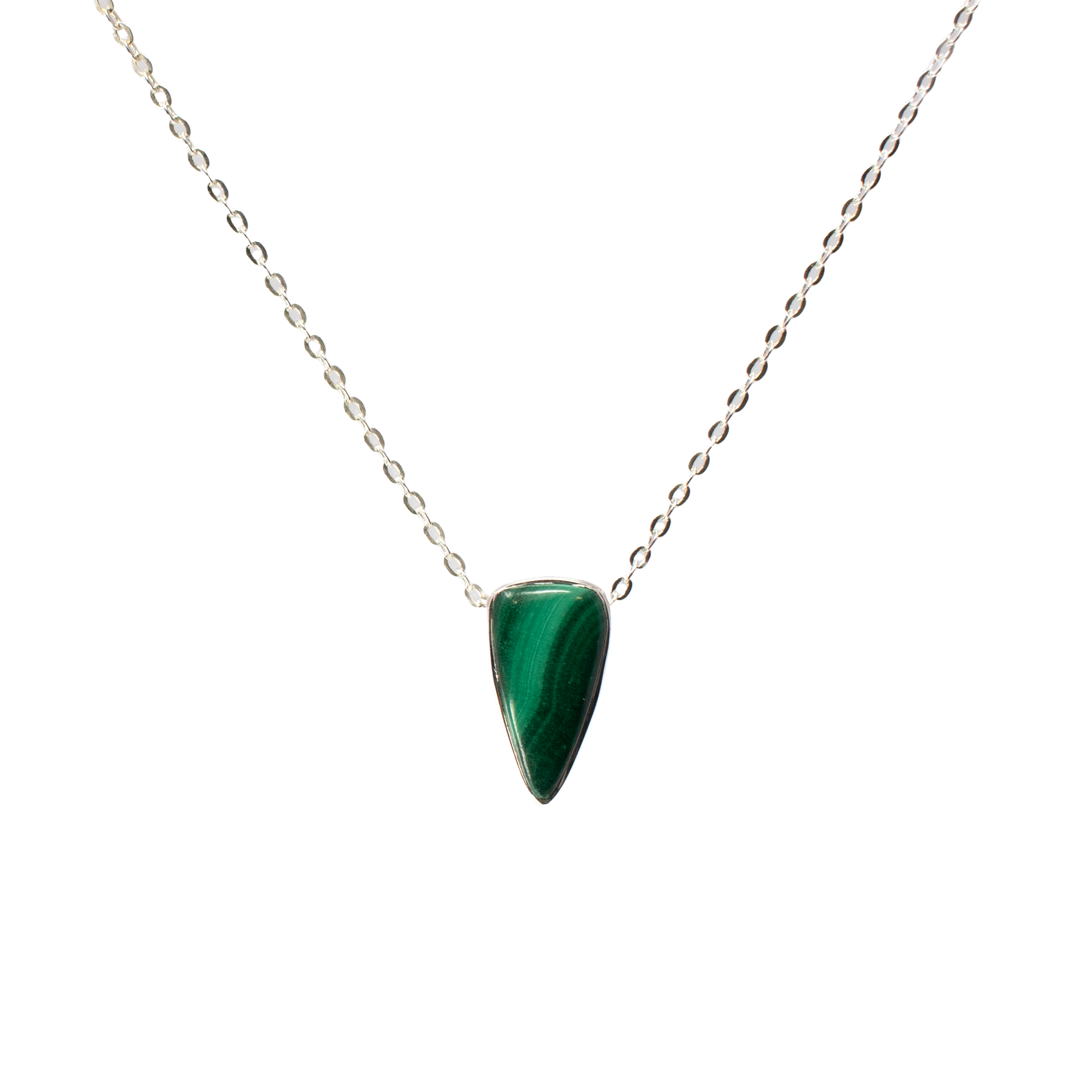 Elevate your jewelry collection with our exquisite Malachite Cabochon Pendant Necklace, a harmonious blend of natural beauty and refined craftsmanship. This stunning piece captures attention with its vibrant green hues, showcasing the enchanting patterns that malachite is renowned for.The pennant-shaped cabochon pendant features a genuine malachite gemstone, celebrated for its swirling green patterns and deep hues. Each stone is unique, making every necklace a one-of-a-kind treasure. Malachite Necklace - Pennant Cabochon Pendant with 18" 925 Sterling Silver Chain & Bezel